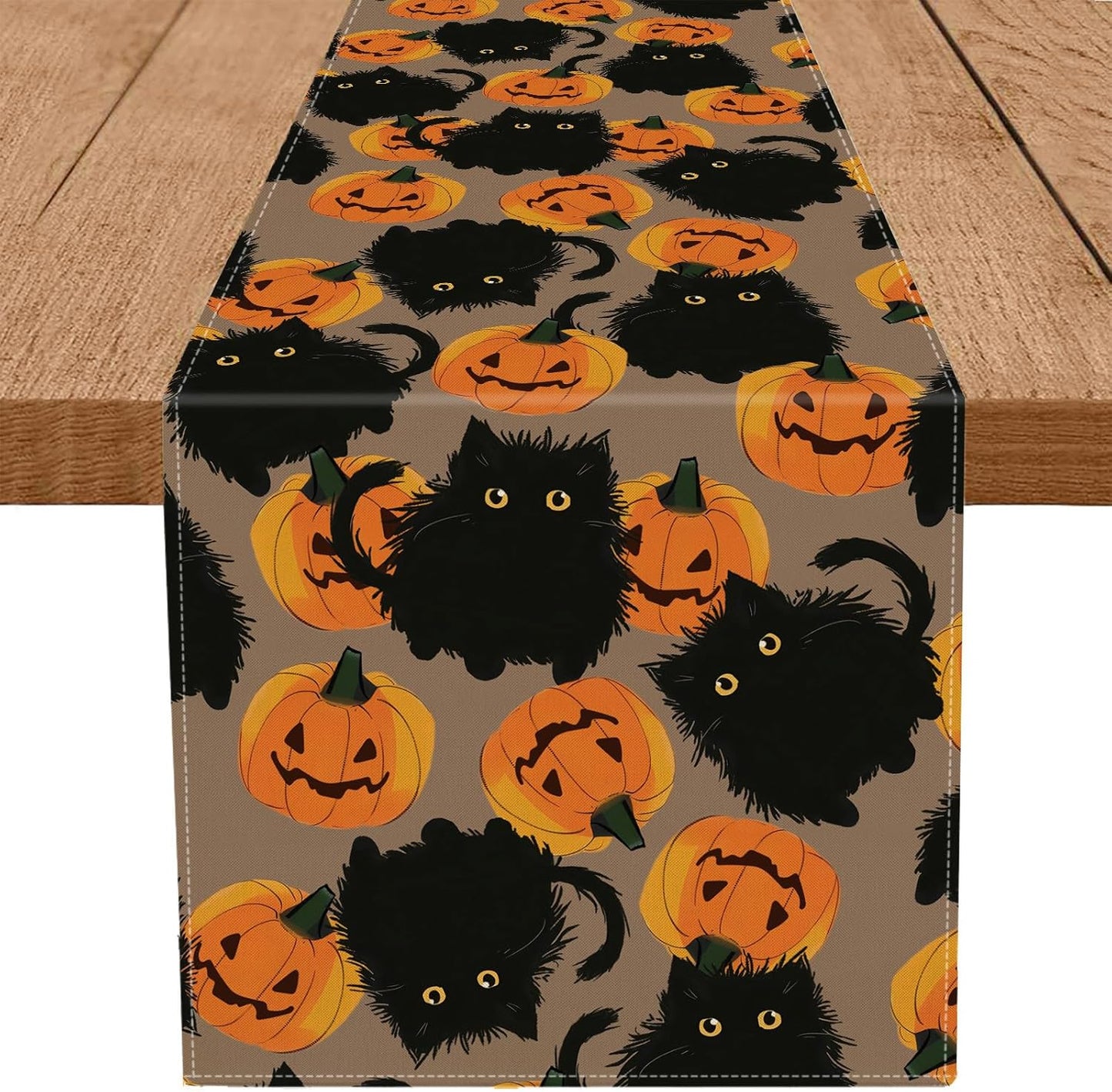 Halloween Table Runner Black Cat Pumpkins Seasonal Kitchen Dining Table Home Outdoor Party Decorations 13x36 Inch