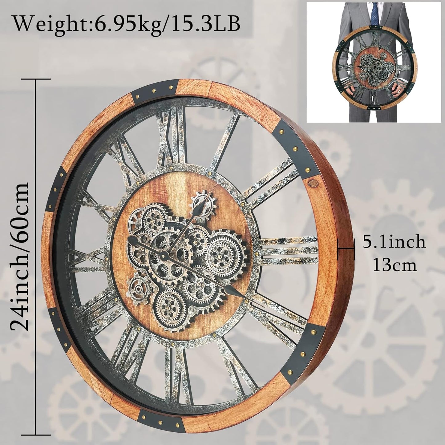 24 Inch Moving Gear Wall Clock, Oversized Wall Clocks, Clock Living Room Decor, Solid Wood Frame, Battery Operated, Large Wall Clock with Steampunk Industrial for Fireplace(Brown)