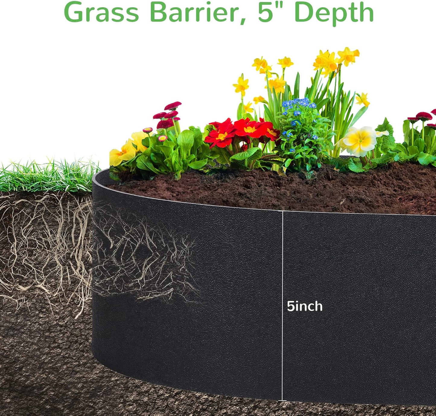 Black Plastic Garden Landscape Edging, 5” Tall Border Coil, Flexible and Strengthened with Anti-UV Treatment (60ft with 18pcs Stakes)