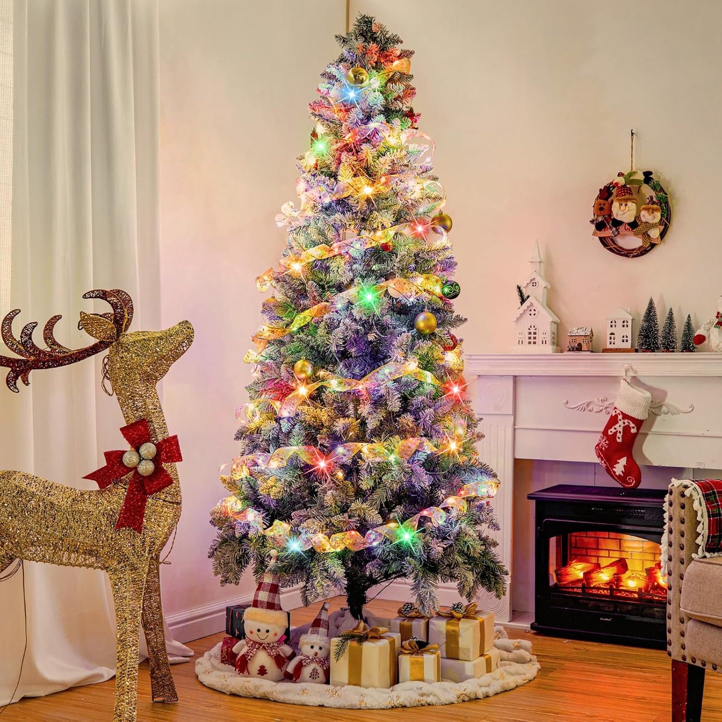 Christmas Tree Ribbon String Lights - 33ft 100 LED Battery Powered Fairy Lights with Timer and 8 Lighting Mode, Ribbon Bows Lights for 6ft - 8ft Christmas Tree New Year Decor, Gold Ribbon, Multi-color