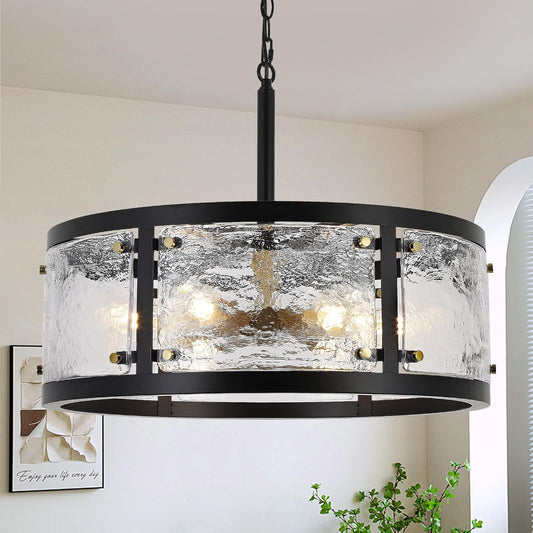 23.6" Large Farmhouse Drum Black Chandelier, 6-Light Vintage Round Glass Chandeliers for Dining Room, Industrial Light Fixture for Kitchen Living Room Stairwell, Clear Waterglass Drum Shade
