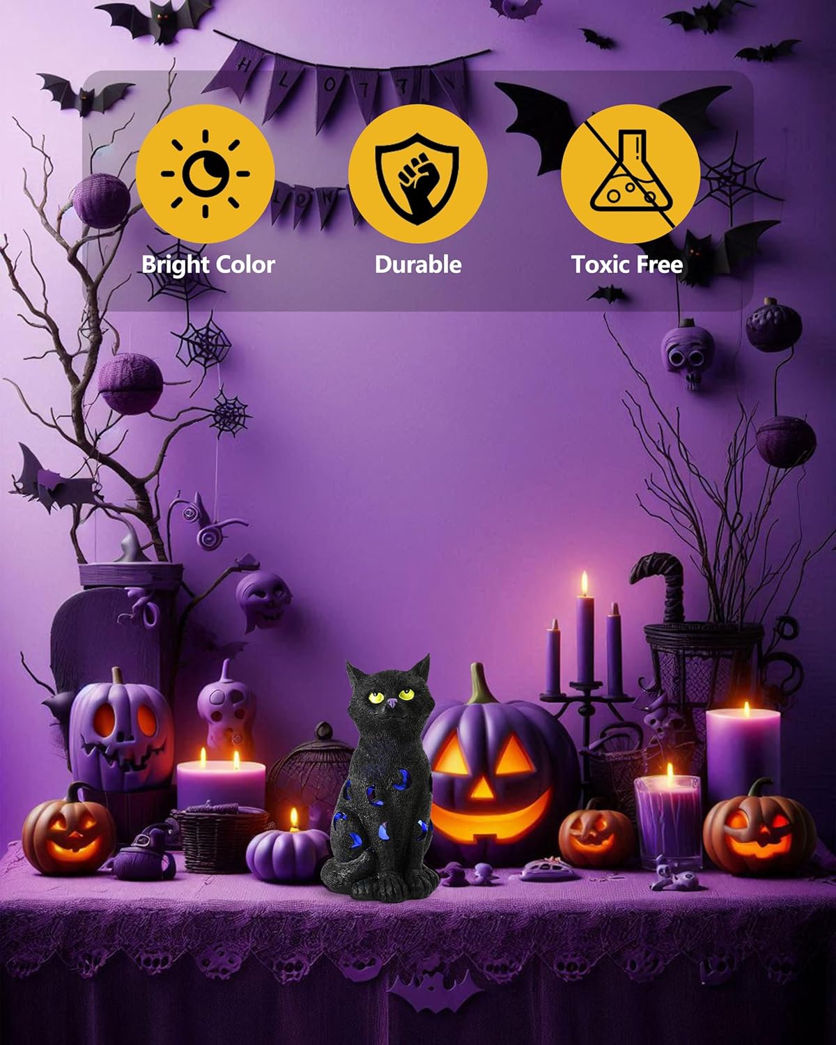 Black Cat Decor Halloween Decorations - 7.3'' Tall Resin Figurine with Moon Cutouts Color-Changing LED Flickering Lights (Halloween Cat)