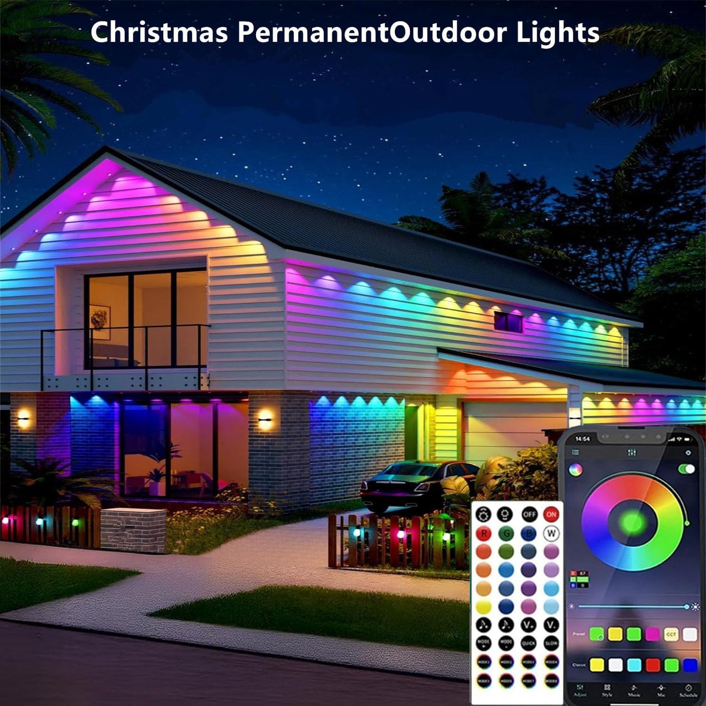 Permanent Outdoor Lights,100ft RGB + IC Smart LED Eaves Lights with App & Remote Control, IP67 Waterproof,for Christmas and All Holiday Decor,Daily and Accent Lighting,House Roof and Garden Lighting