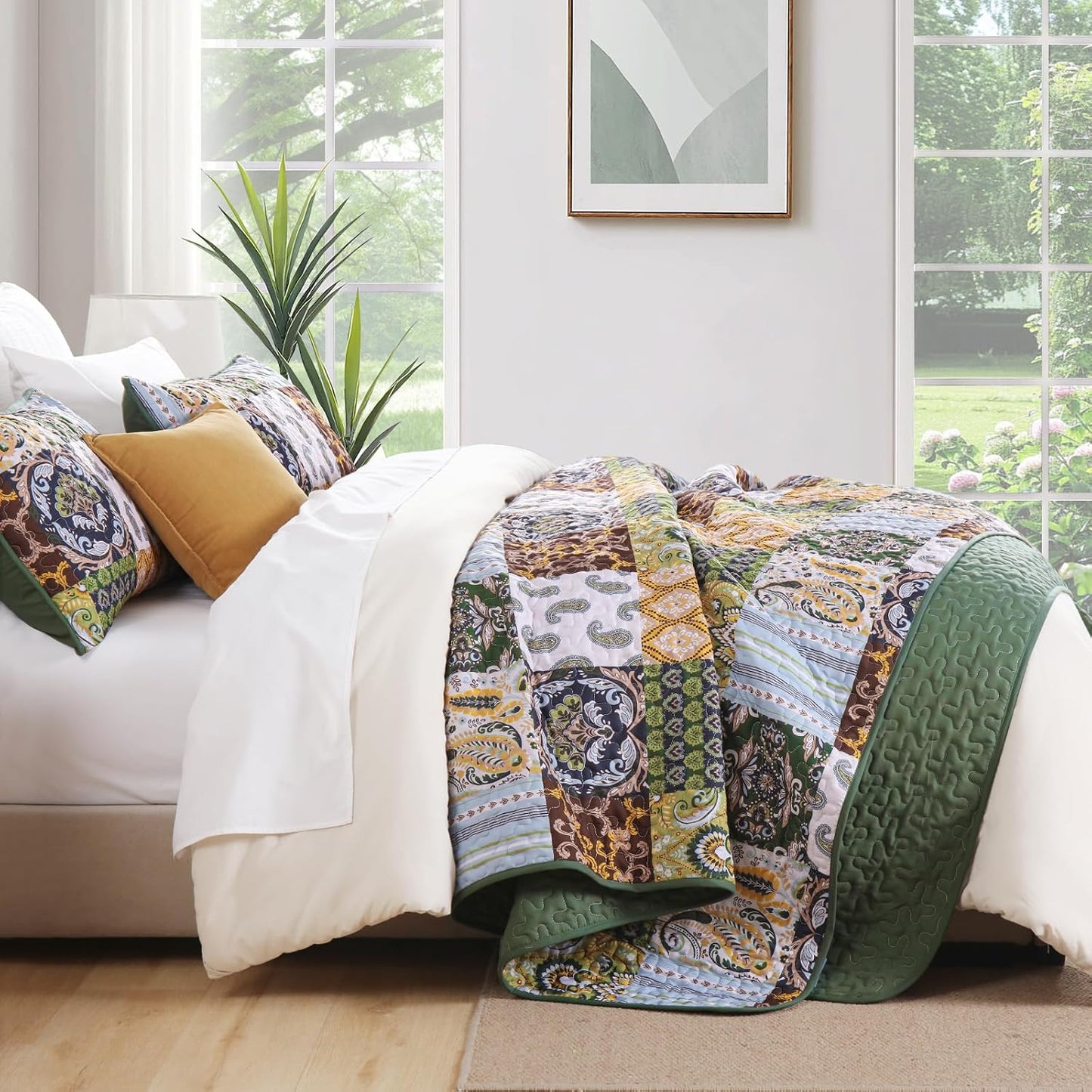 WONGS BEDDING Boho Quilt Set King Size, Plaid Patchwork Bedspread Bedding Set Soft Microfiber Quilt for King Bed Reversible 3 Pieces Coverlet Set for All Season (Brown Olive 104"x90")