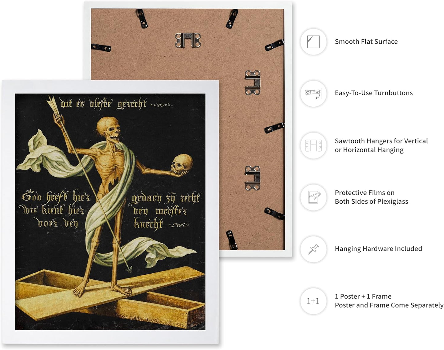 Poster Master Vintage Medieval Poster - Retro Gothic Print - Gift for Artist, Friend - Allegory of Life and Death, Skeleton, Dark, Skull - Wall Decor for Home, Living Room, 8x10 White Framed