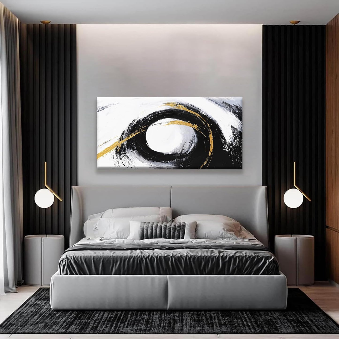 QSQ Abstract Wall Art Black And Gold Wall Art Modern Canvas Art Wall Decor Painting Artwork White Abstract Art Prints Pictures For Bedroom Office Home Decoration 20" X 40"