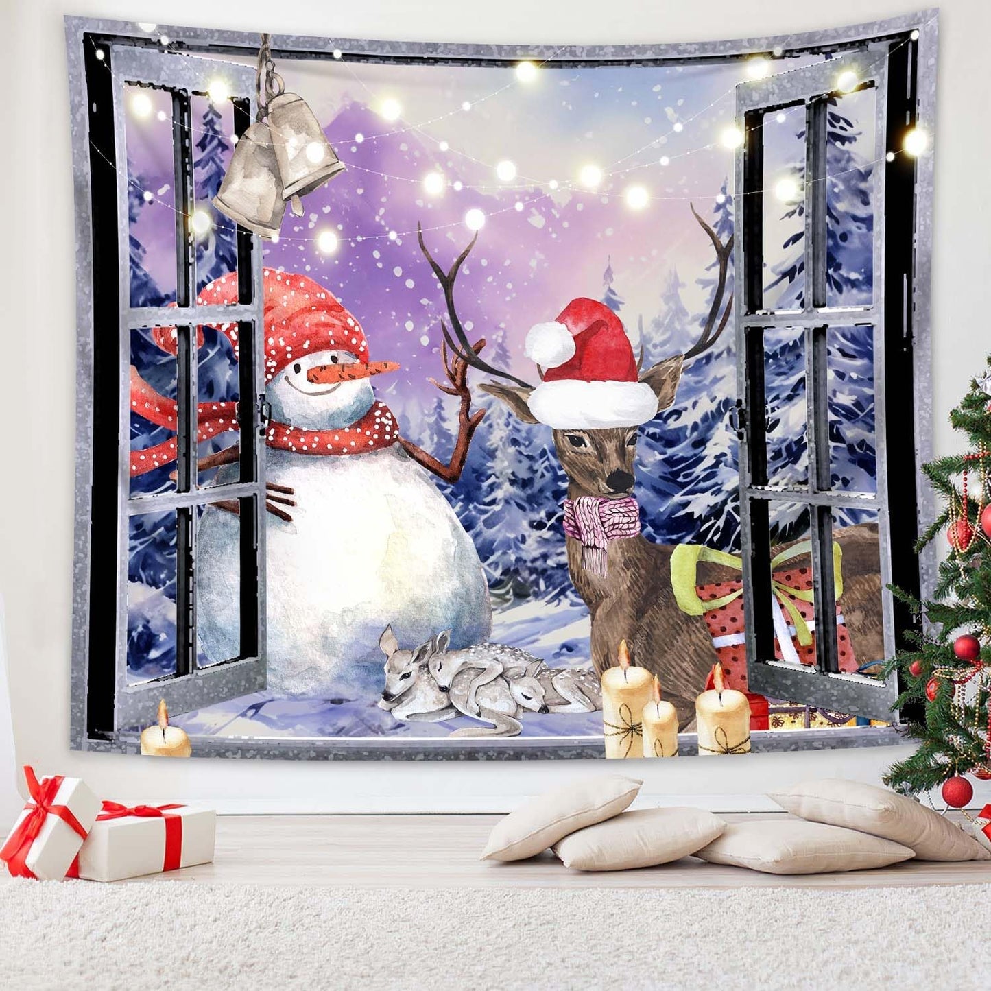 QGHOT Christmas Window Tapestry Wall Hanging Christmas Backdrop Winter Window Wall Decor Xmas Snowman Deer Tapestries for Bedroom Living Room Dorm Holiday Party Decoration, Large