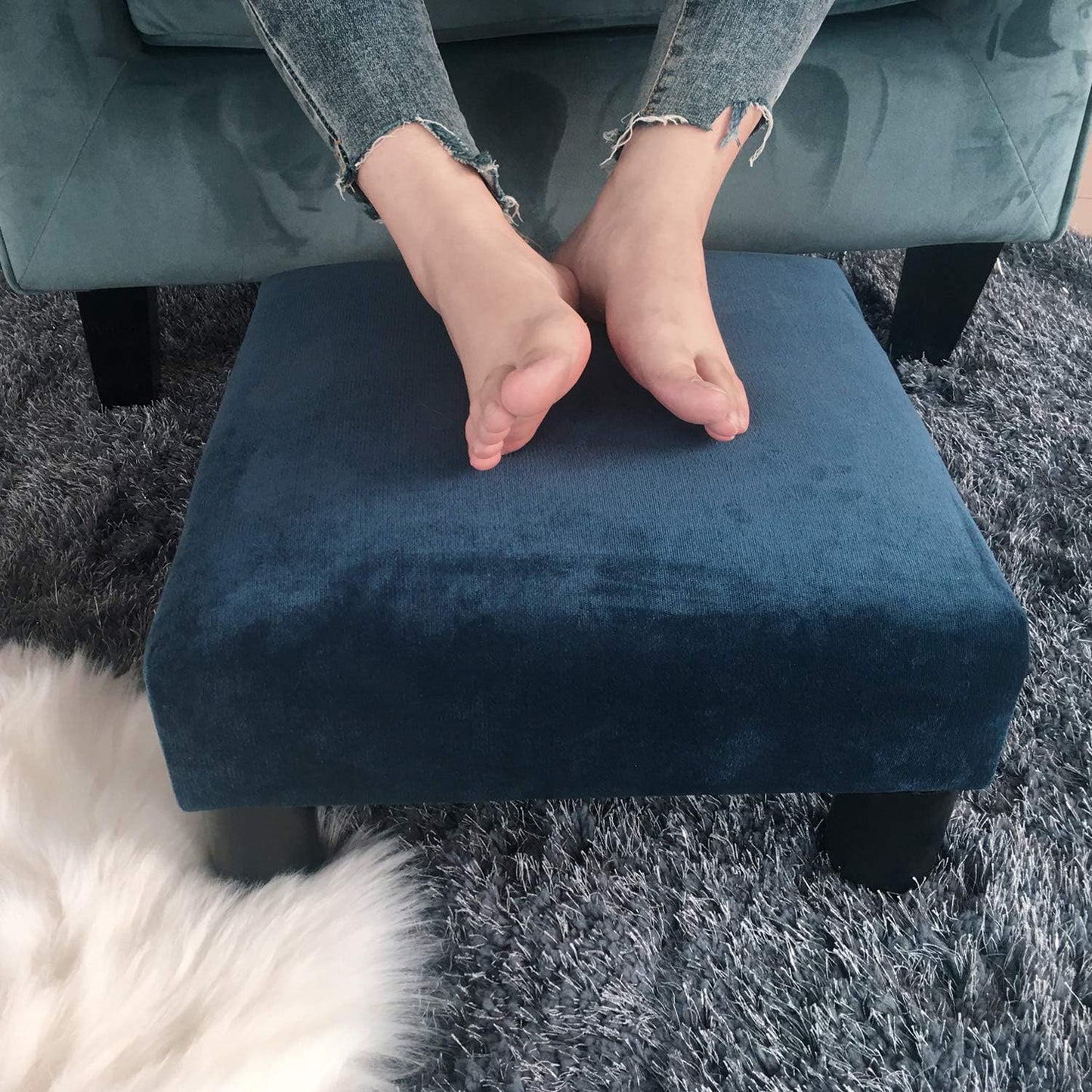 Joveco Small Foot Rest Stool Ottoman, 15" Fabric Square Short Low Footstool Upholstered Footrest for Chair, Under Office Desk, Living Room, Navy Blue