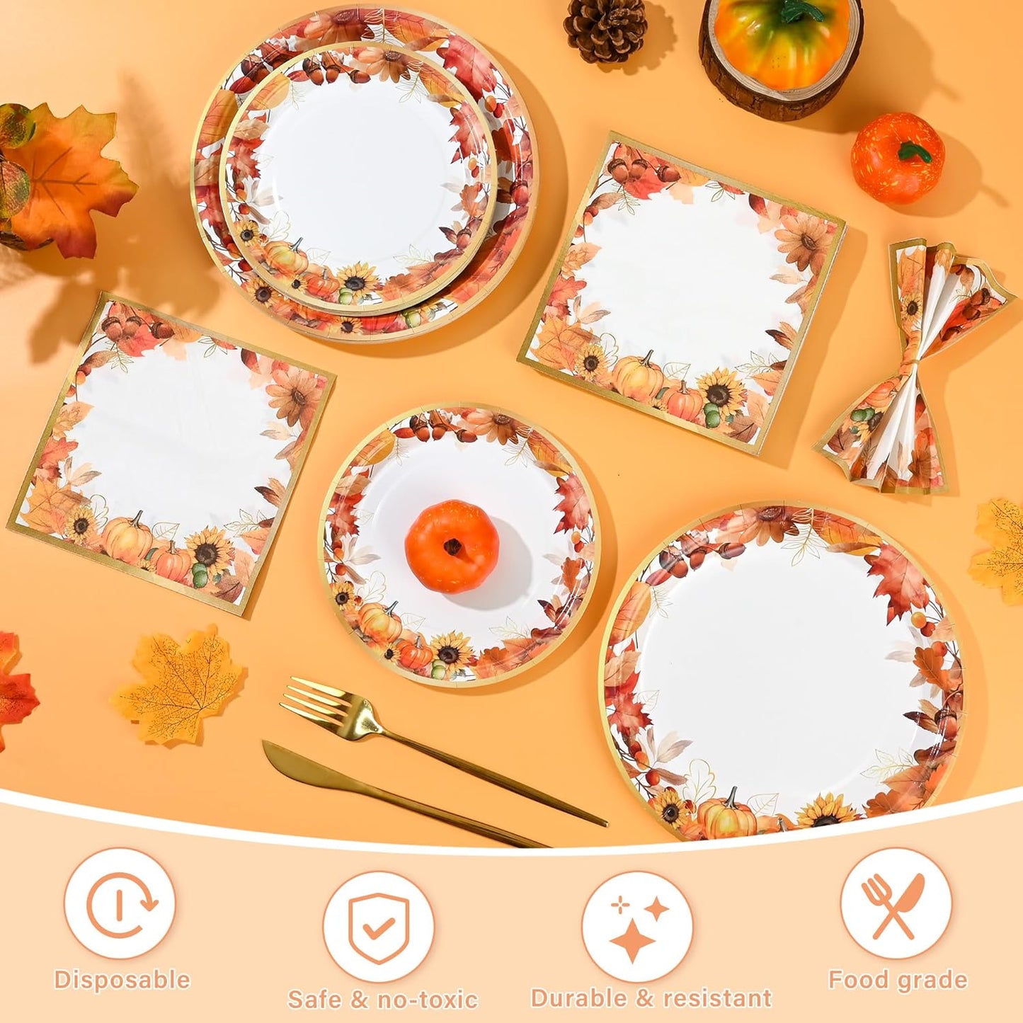 150Pcs Fall Paper Plates and Napkins Party Supplies Autumn Thanksgiving Disposable Plates Napkin Watercolor Maple Leaves Tableware Set for Fall Decor Thanksgiving Party Supplies,Serve 50 Guests