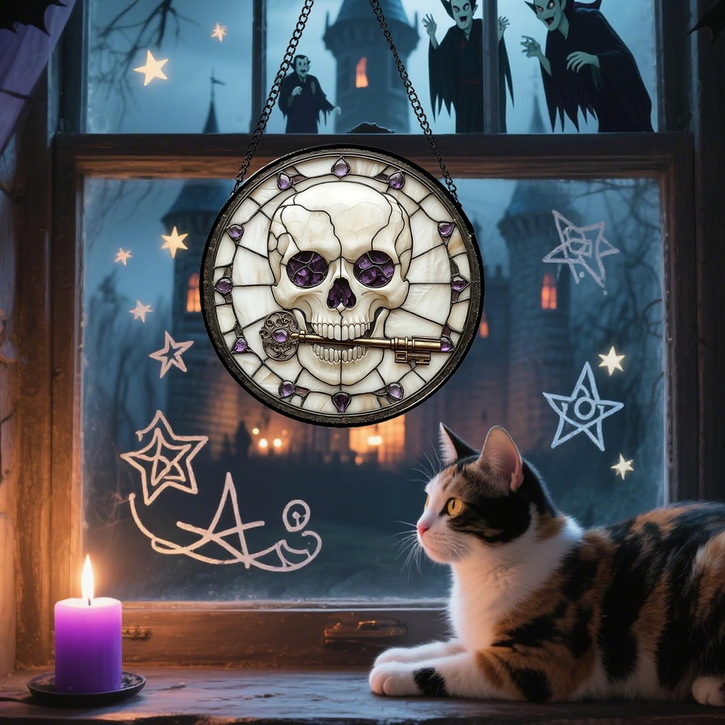 Stained Glass Window Hanging - Halloween Scary Skull Suncatcher for Doors Garden Home Spooky Purple Skeleton Key Sun Catchers Gothic Decor Horror Gifts for Women Men Friend Boy Girl 6.3 in