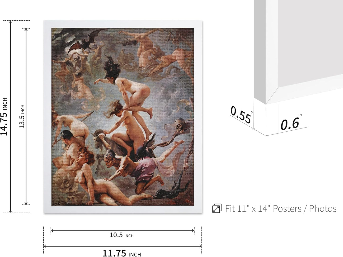 Poster Master Vintage Luis Ricardo Falero Poster - Retro Occult Print - Gift for Gothic, Horror Fan - Witches Going to their Sabbath, Pagan - Wall Decor for Bedroom, Dorm, 11x14 White Framed