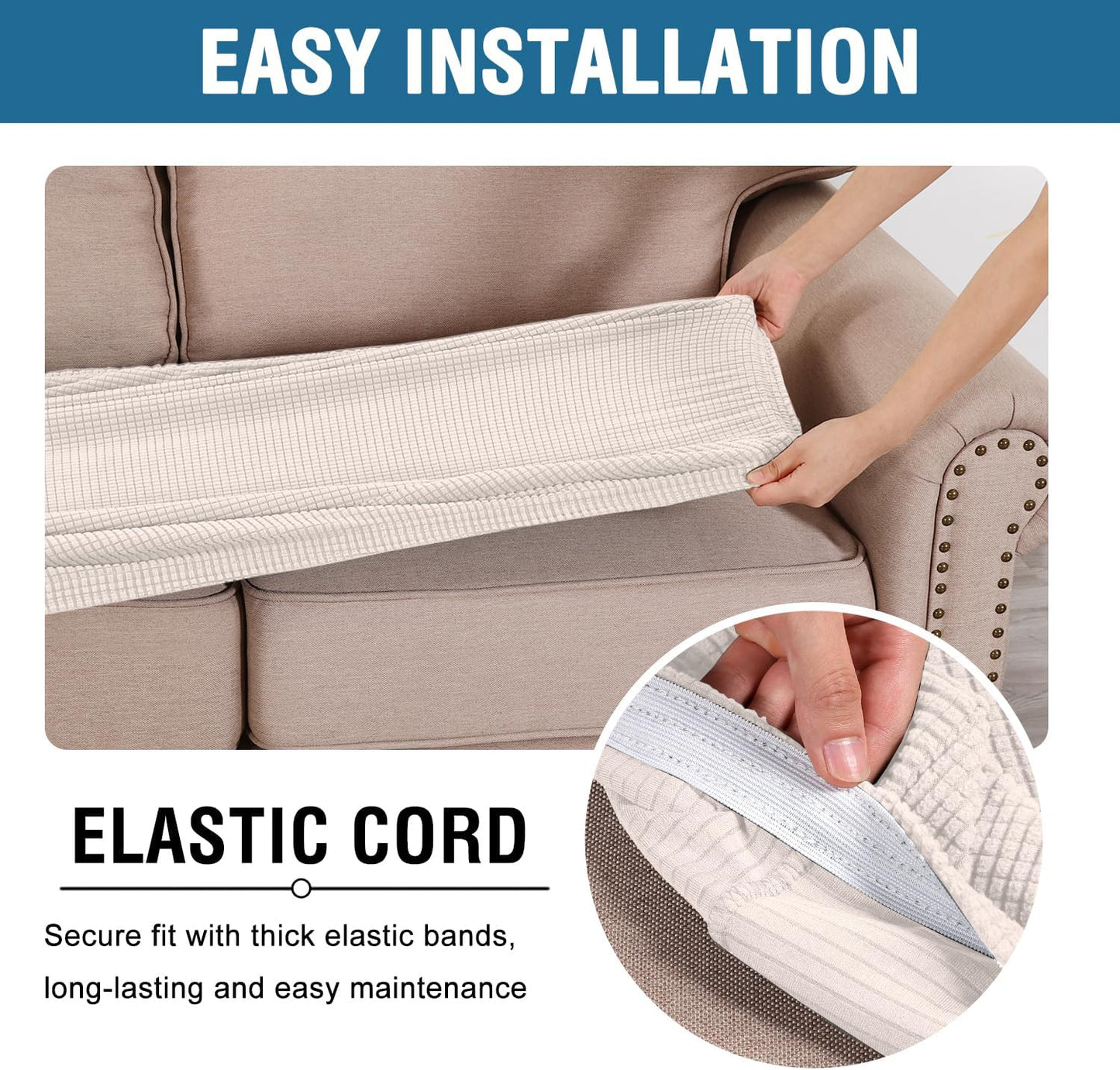 H.VERSAILTEX Super Stretch Individual Seat Cushion Covers Sofa Covers Couch Cushion Covers Slipcover Sets Thick Jacquard Textured Twill Fabric (1 Piece Loveseat Cushion Cover, Ivory)