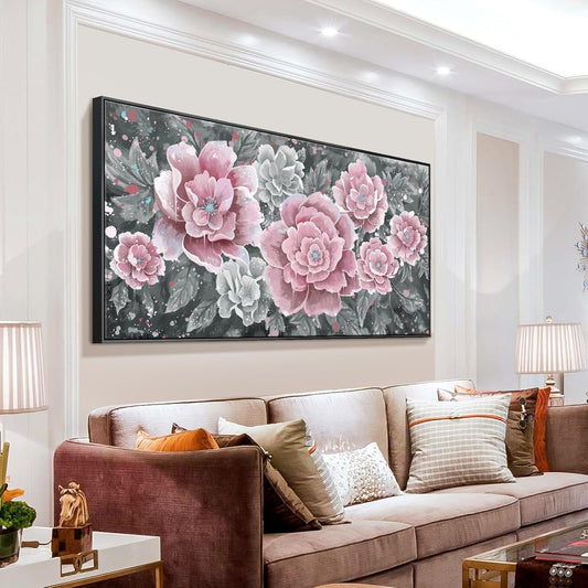 Oversized Framed Wall Art, Pink Flower Canvas Print Modern Pink & Grey Peony Blossom Artwork Extra Large Wall Picture Floral Decor for Living Room Bedroom Dining Room Office Home Decor