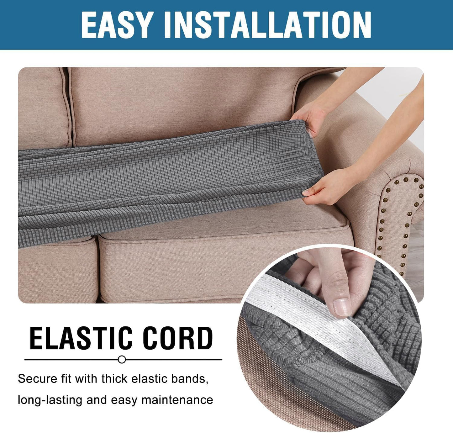 H.VERSAILTEX Super Stretch Individual Seat Cushion Covers Sofa Covers Couch Cushion Cover Slipcover Sets Thick Jacquard Textured Twill Fabric (3 Piece Sofa Cushion Covers, Grey)