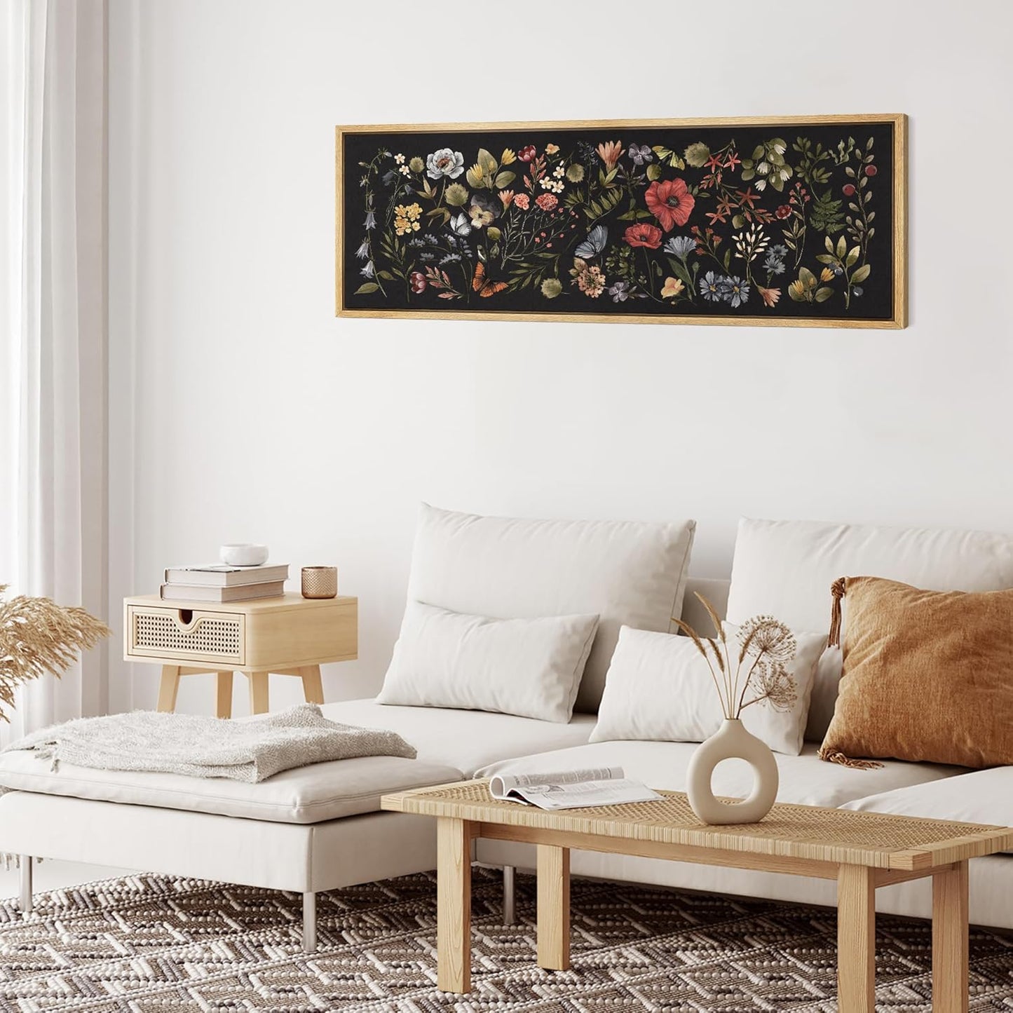 MUDECOR Large Framed Canvas Print Wall Art Midnight Garden Vintage Floral Illustrations Antique Retro Fine Art Illustrations Decorative Colorful for Bedroom - 60"x20"