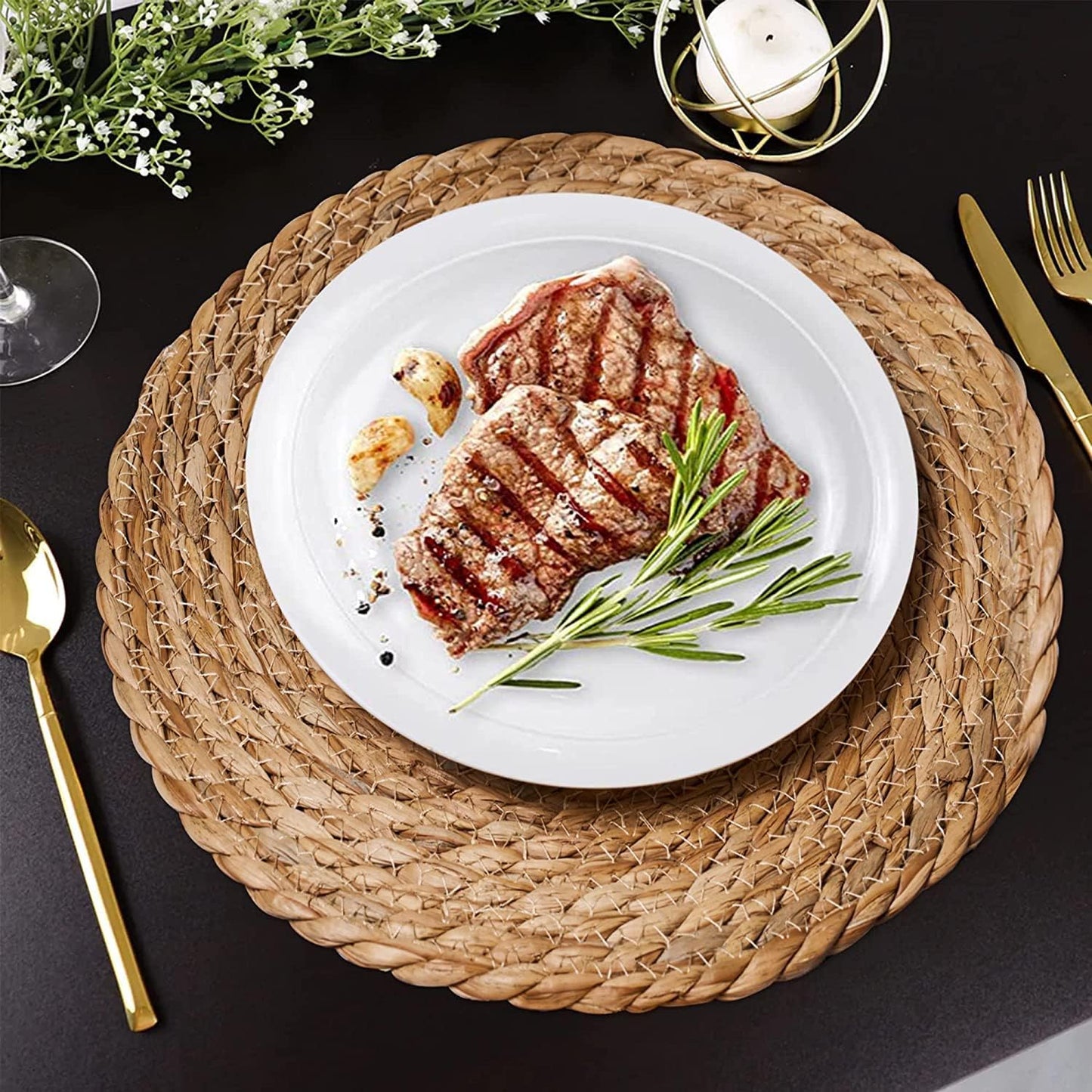 Defined Deco Woven Placemats Set of 4,12" Round Rattan Placemats,Natural Hand-Woven Water Hyacinth Placemats,Farmhouse Weave Place Mats,Rustic Braided Wicker Table Mats for Dining Table,Home,Wedding.