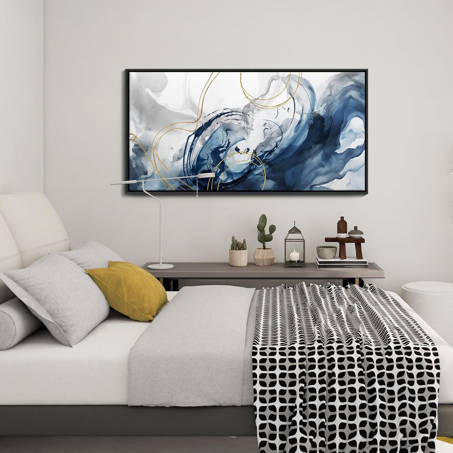 Mofutinpo Blue Wall Art Framed Abstract Canvas Wall Art Blue Pictures for Living Room Wall Decoration Large Modern Office Artwork Wall Decor Graffiti Paintings for Bedroom 24×48IN