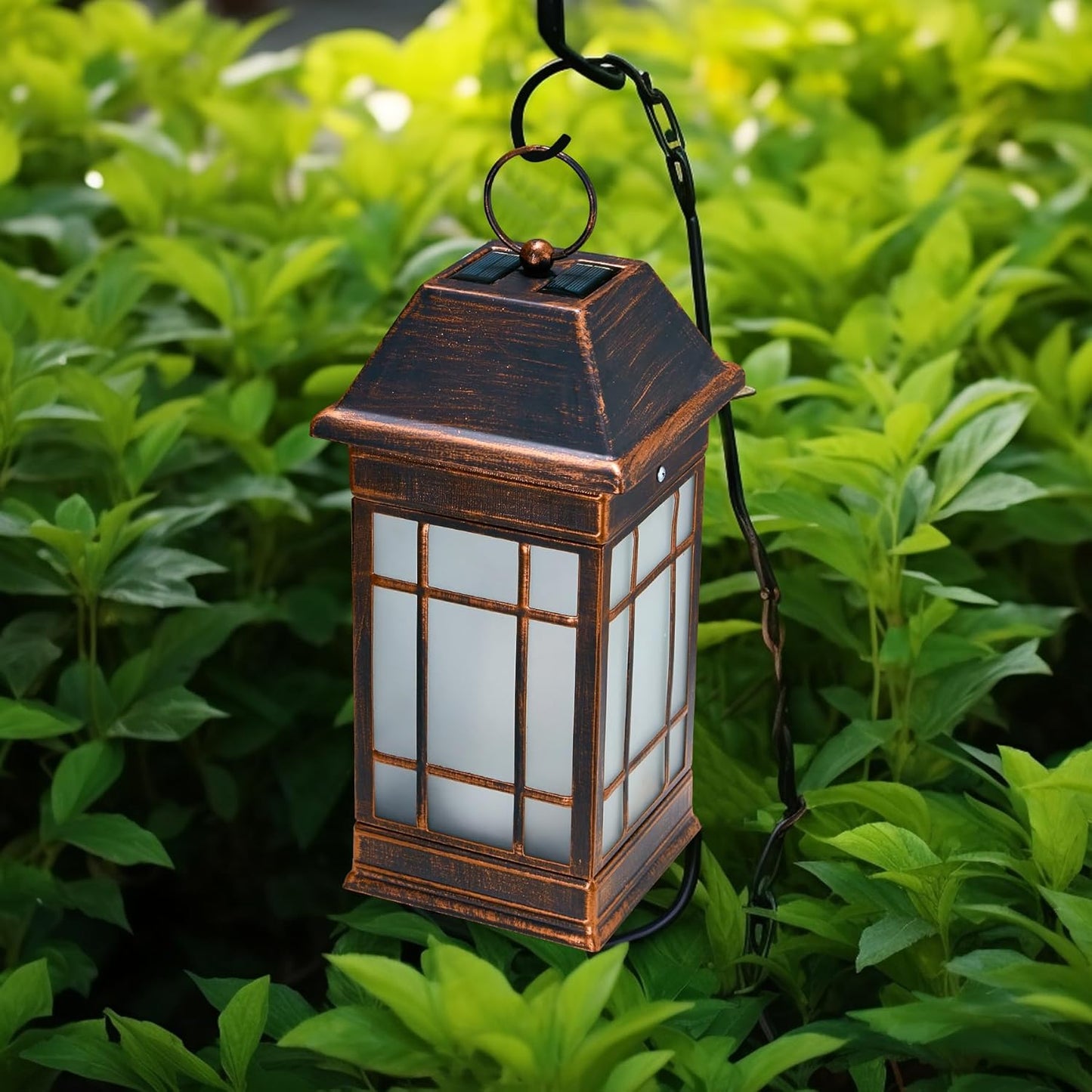 14" Solar Lantern Outdoor Waterproof, Glass Flickering Flame Solar Lanterns, Hanging Metal Lantern Decorative for Patio Front Porch Garden Backyard Tabletop Party Decoration