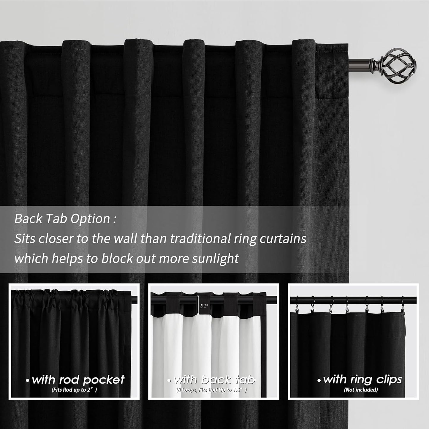 BOODII Black Blackout Curtains for Bedroom 80 Inch Length 2 Panels Set Room Darkening Curtains Linen Black Out Curtain Modern Thermal Insulated Living Room Drapes Back Tab 52x80