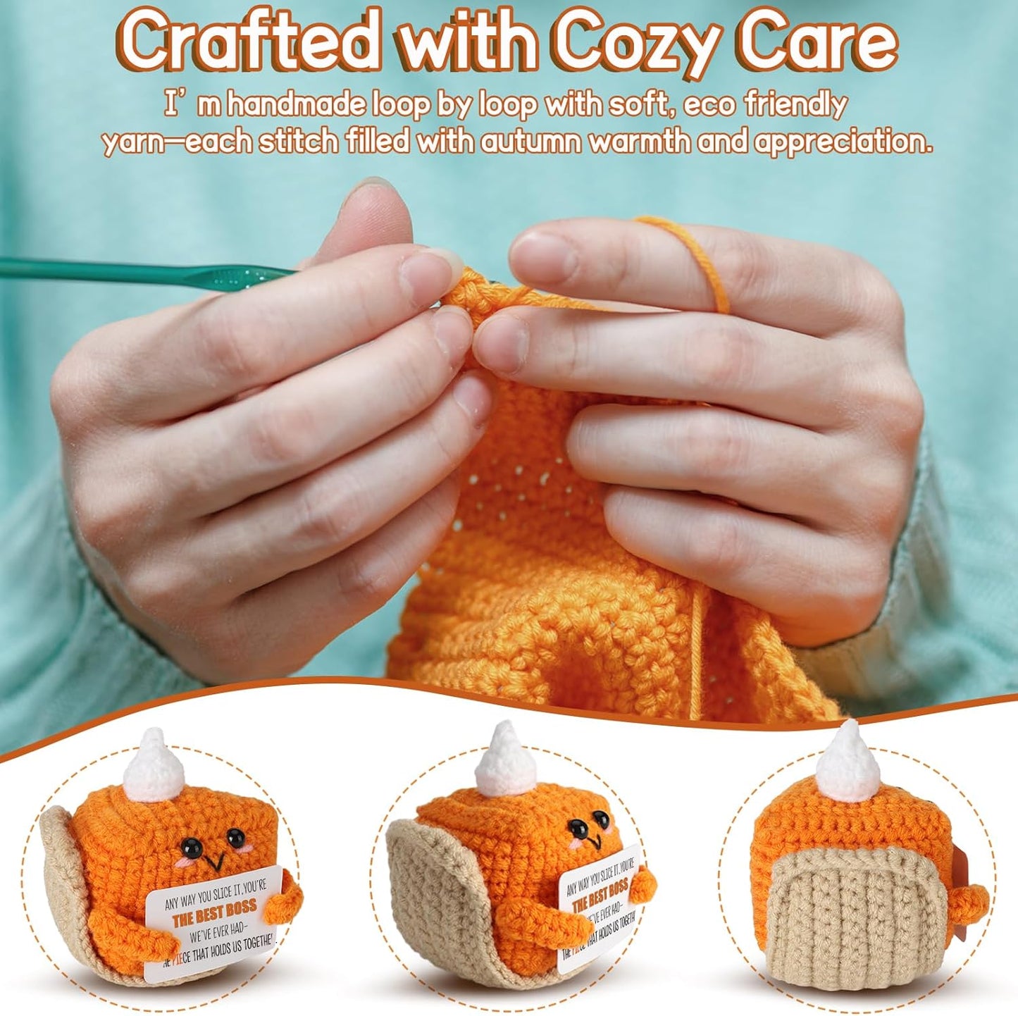 Crochet Pumpkin Pie Gift Idea for Boss – Funny Handmade Appreciation Plush with card “Best Boss” – Farewell Gifts for Women Men, Office Desk Decor, Mini Thank You Token for Manager, Supervisor, Leader