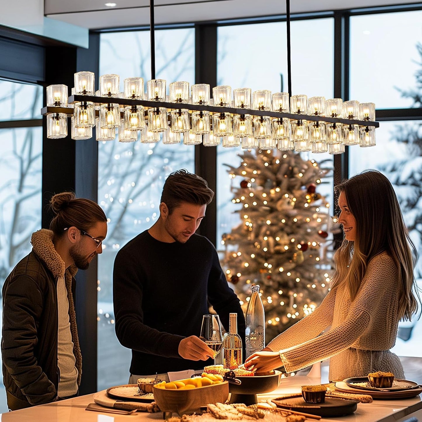 Crystal Black Rectangular Chandelier Light Fixture,54 in Dining Room Chandeliers Over Table,Modern Chandeliers For Living Room,Arcachon Chandelier,Kitchen Island Chandeliers Includes 60xG4 Bulbs