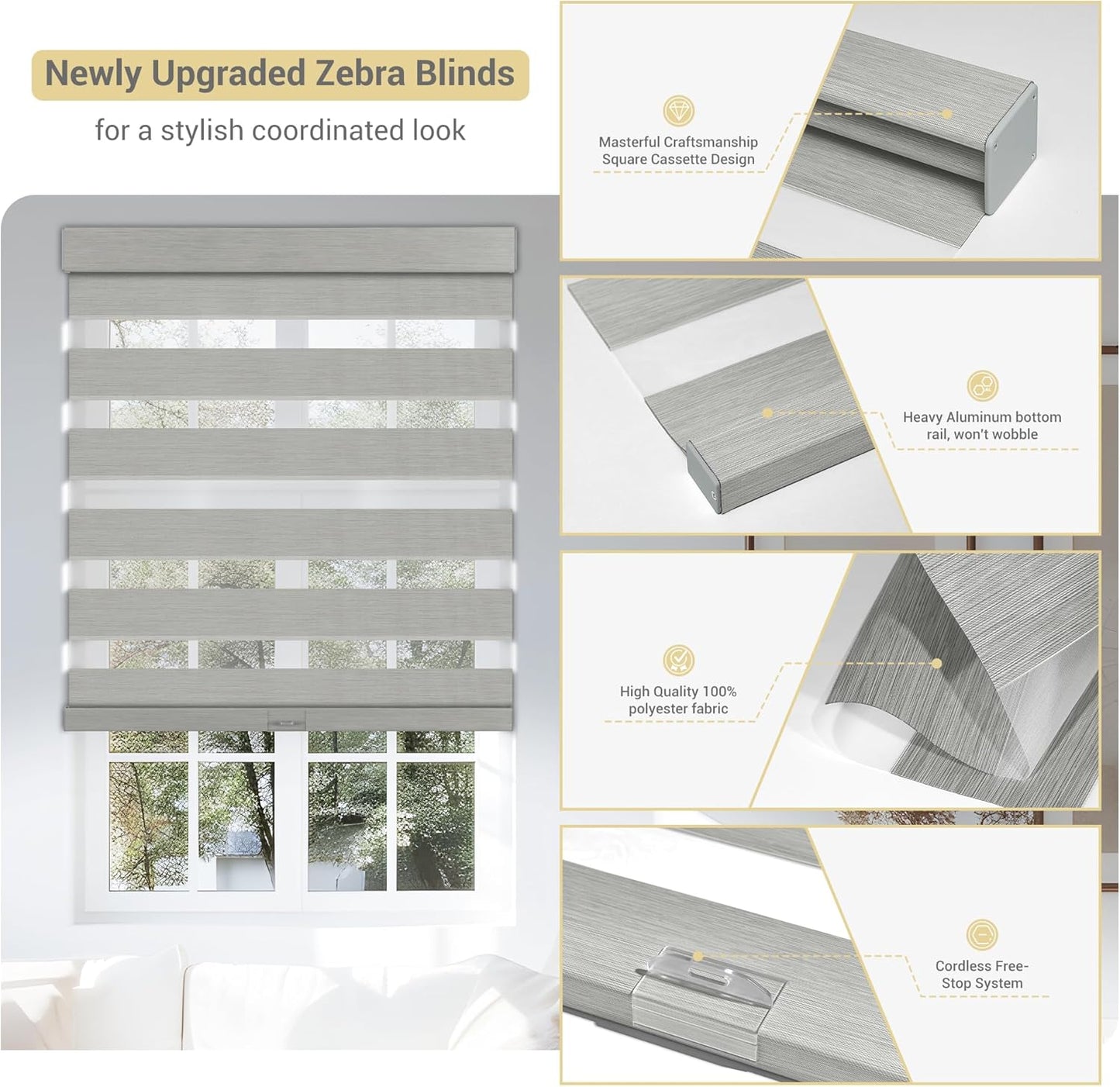 Cordless Zebra Blinds for Windows, Blackout Interior Blinds,Easy to Install,UV Protection,for Offices and Home,Custom Roller Shades, Mousse Light Grey,40" W x 64" H