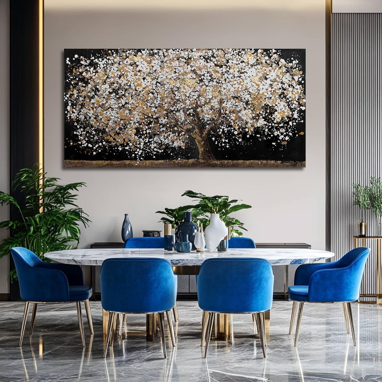 Large Wall Art for Living Room Gold Wall Decorations White Wall Pictures Tree Canvas Wall Art Decor Black Print Photos for Living Room Hotel 29"x58"