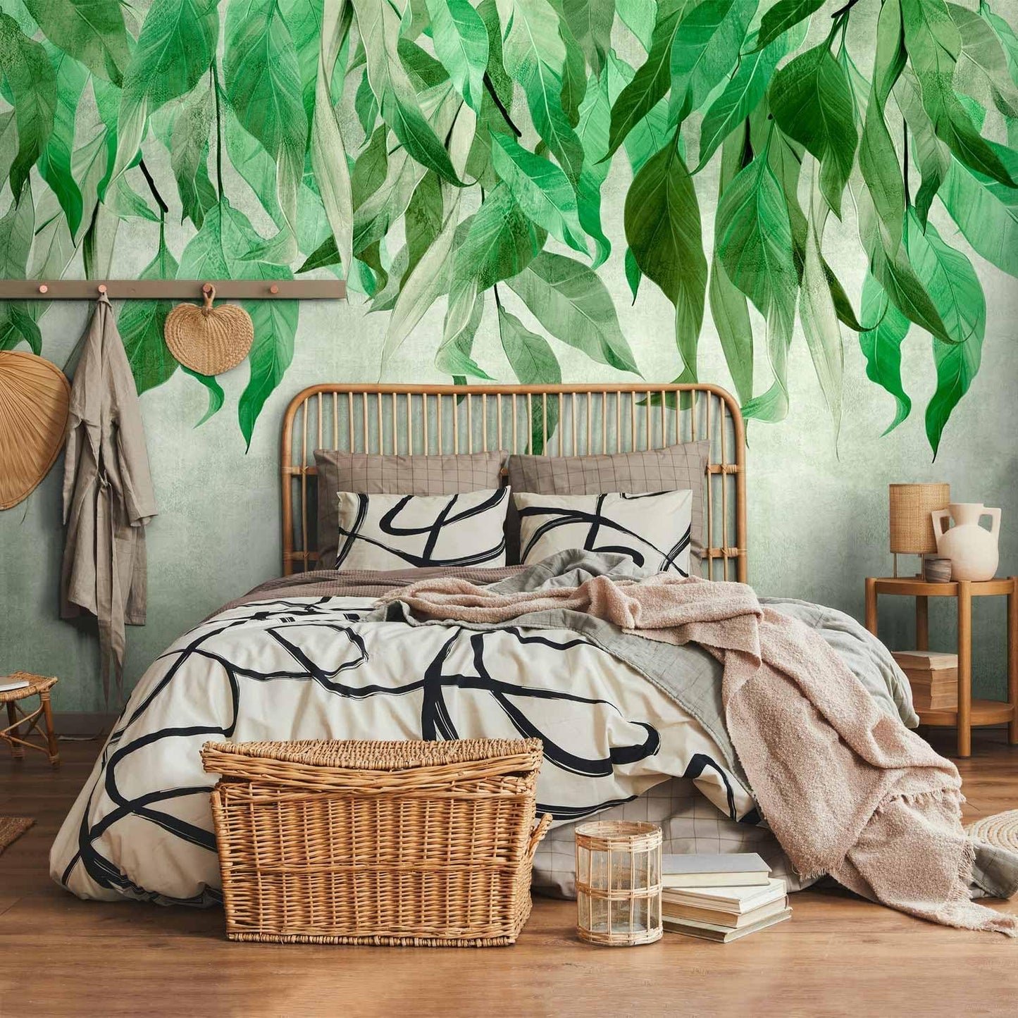 artgeist Wall Mural Hanging Leaves 177x124 in - Non-Woven Wallpaper Fleece Wall Decor Photo Print Picture Image Design Nature Botanical Concrete Green Like Painted b-C-10146-a-a