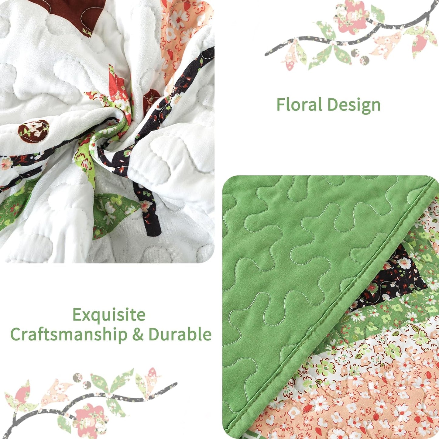 VAPUTAR Quilt Queen Size Bedding Set - Farmhouse Queen Size Bedspread Set for All Season, Lightweight Reversible Coverlet Quilt for Bedroom (90 × 98 Inch), Green