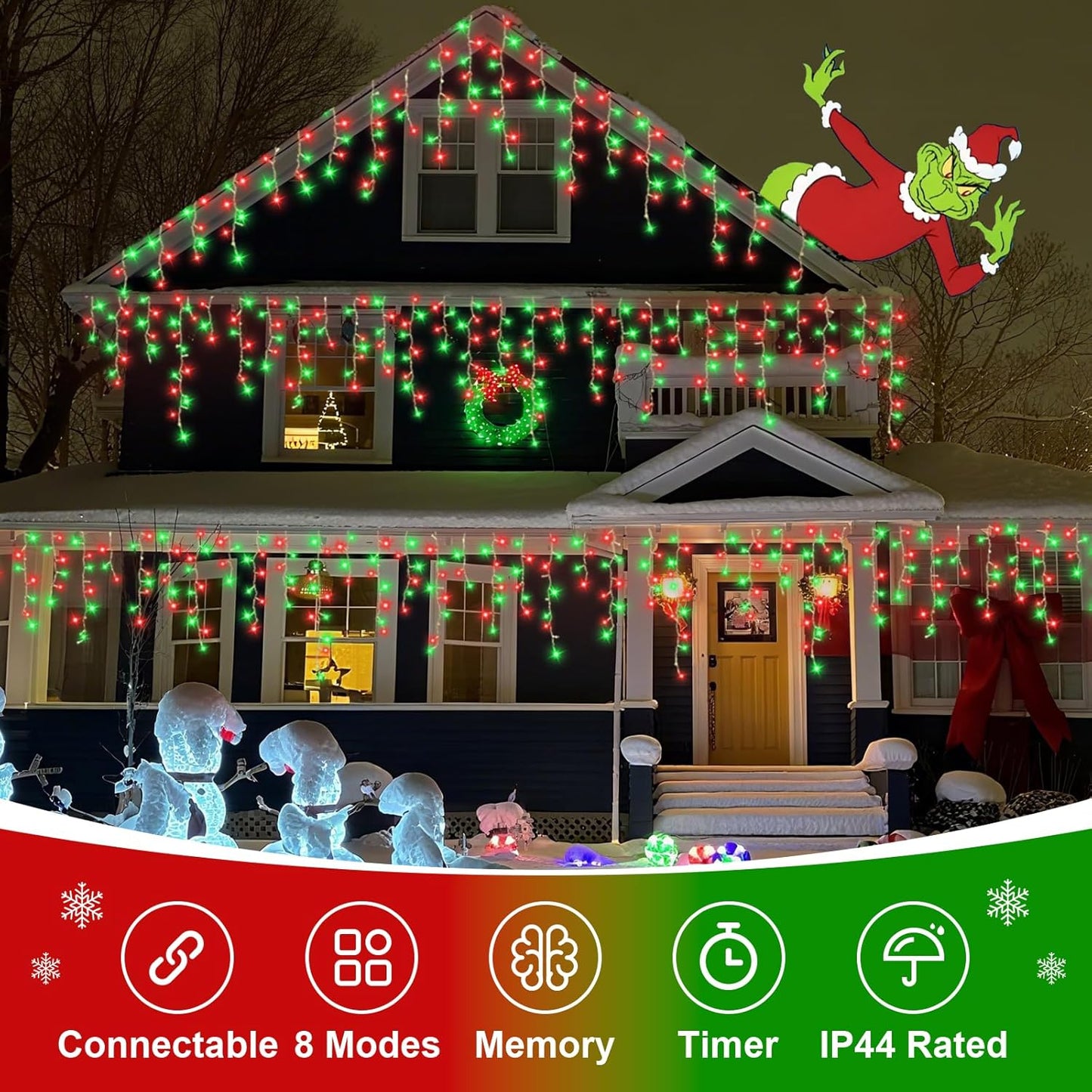 QITONG 400 LED Icicle Lights Red and Green
