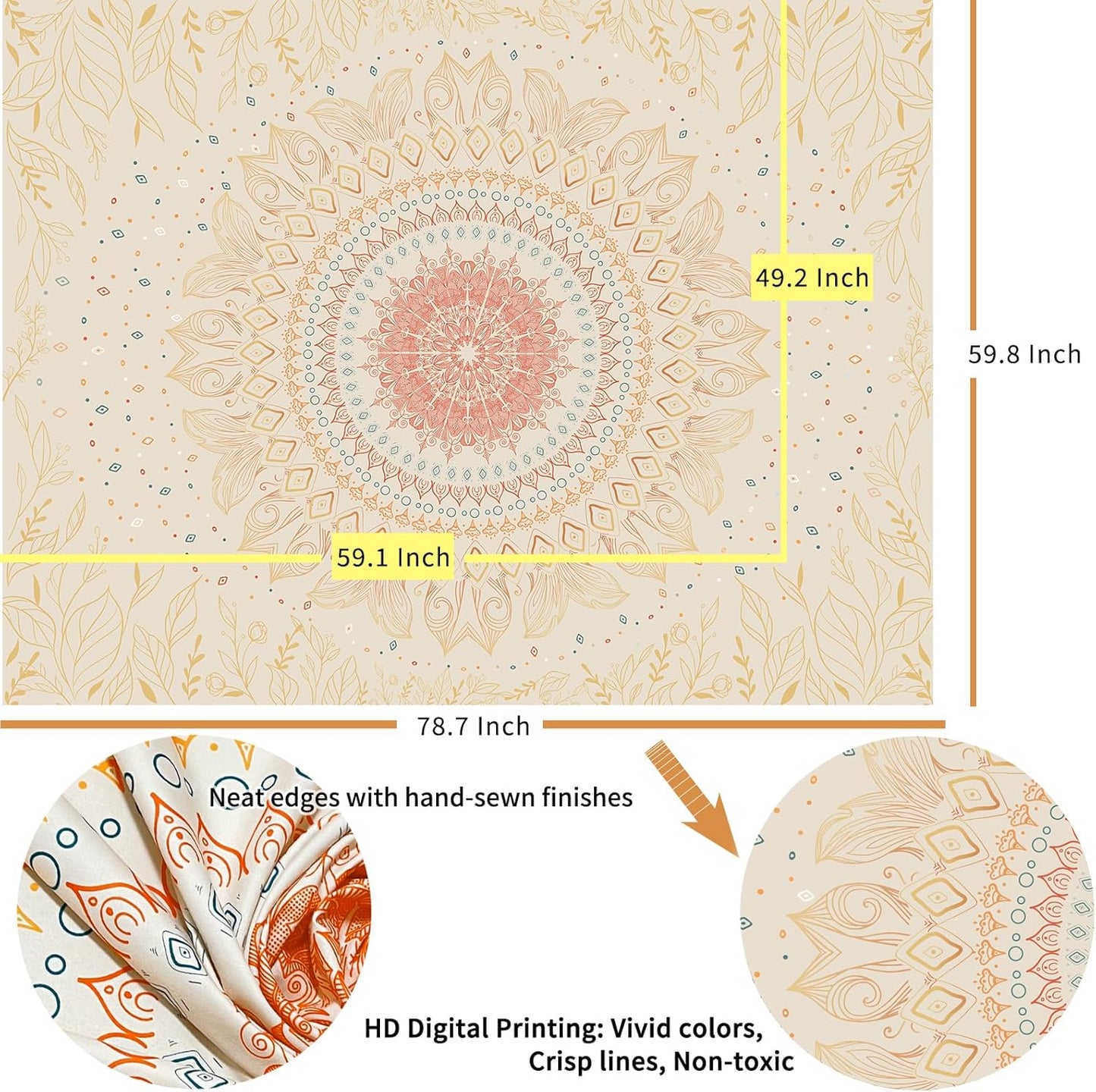 Damanse Floral Tapestry Wall Hanging Cute,Boho Wall Tapestry for Bedroom Aesthetic,Mandala Living Room Decor for Teen Girls (Yellow, 59.8"x78.7")