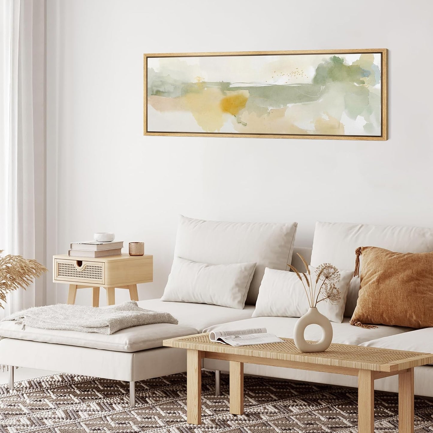 MUDECOR Large Framed Canvas Print Wall Art Serene Watercolor Landscape in Green and Yellow Tones Antique Retro Fine Art Illustrations Decorative Colorful for Bedroom - 60"x20"