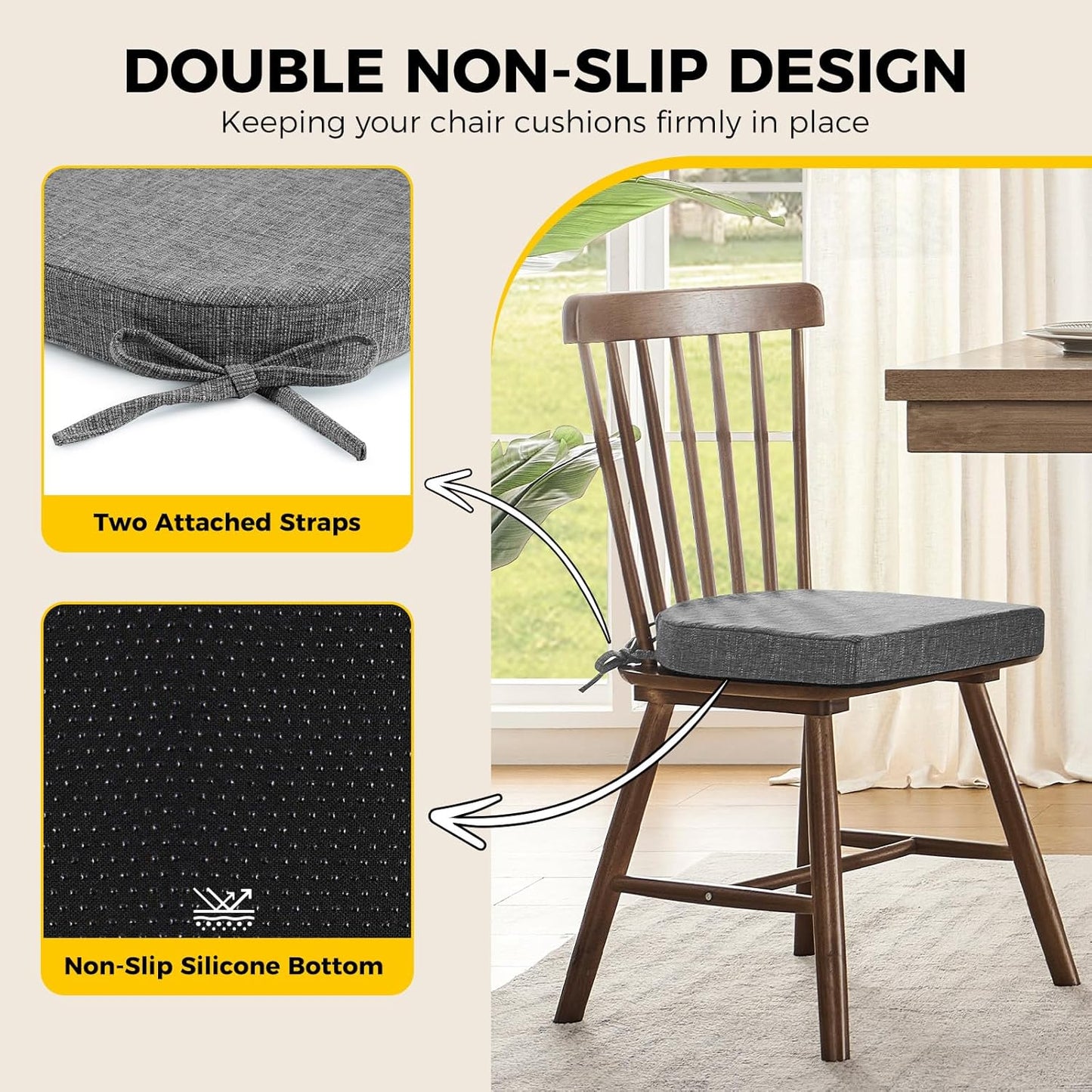 downluxe Indoor Chair Cushions for Dining Chairs, Soft and Comfortable Textured Foam Kitchen Chair Pads with Ties and Non-Slip Backing, 16" x 16" x 2", Dark Grey, 6 Pack