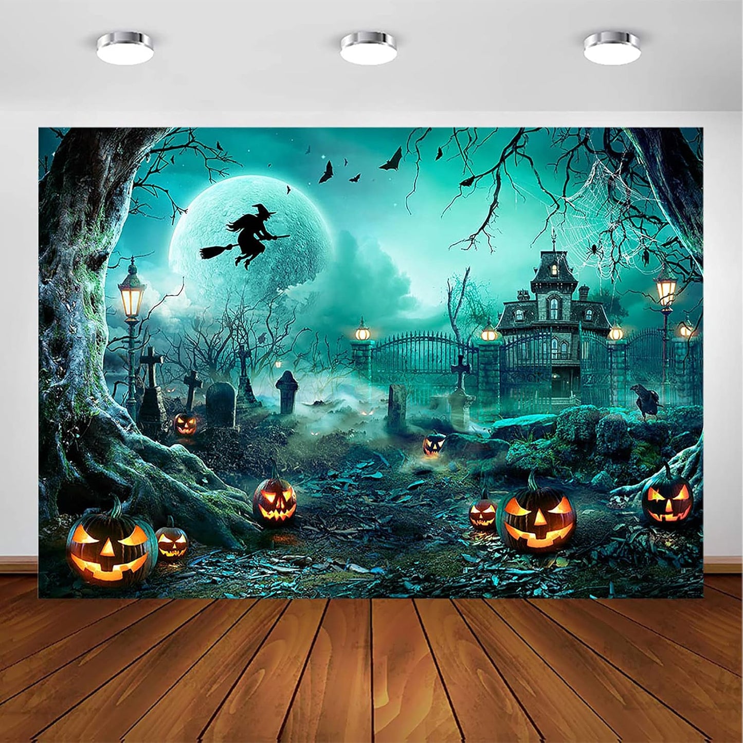 Avezano Halloween Photography Backdrop Full Moon Scary Night Castle Pumpkins Party Background Spooky Witch Bats Cemetery Child Kids Halloween Party Decorations Photoshoot Backdrops (8x6ft, Green)