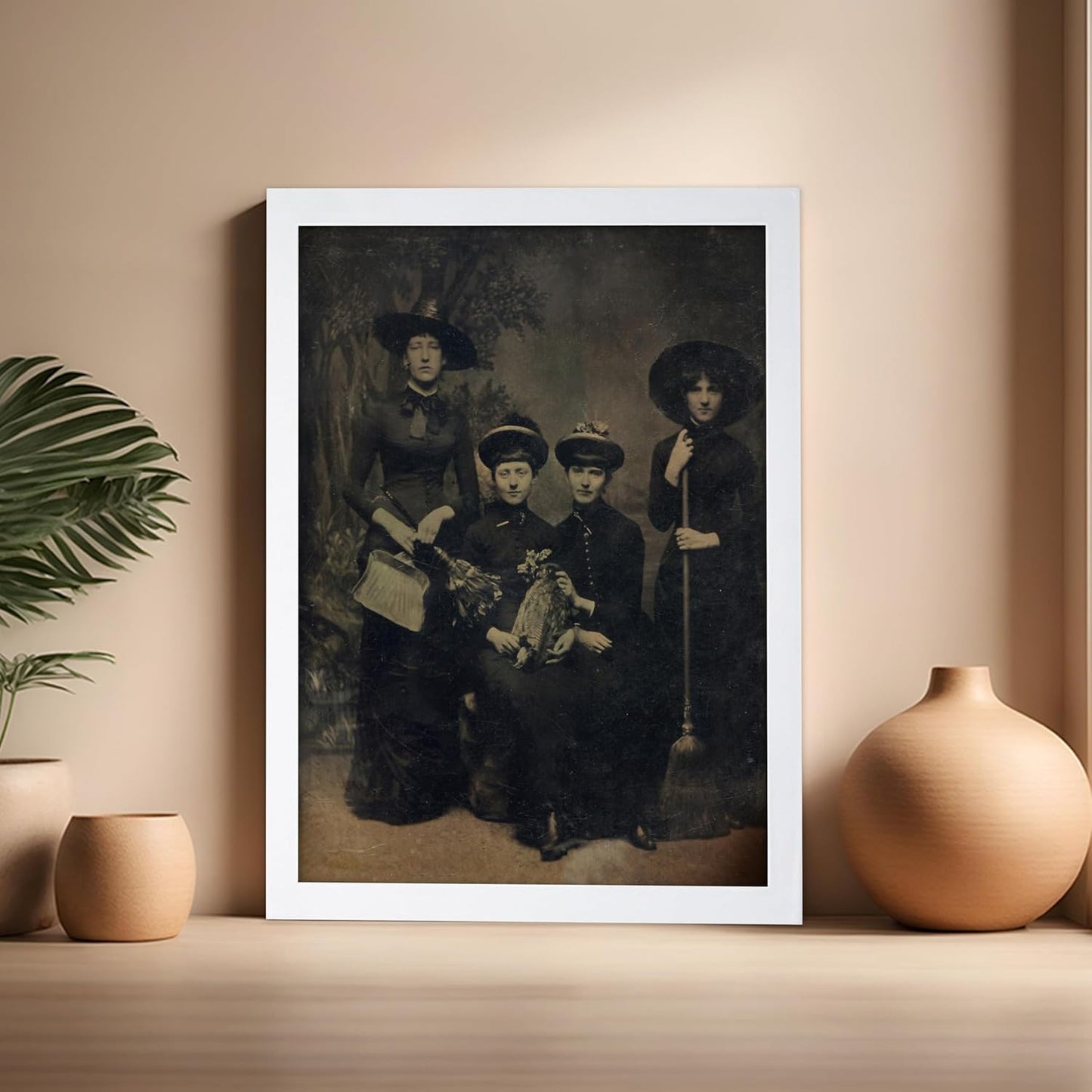 Poster Master Vintage Photograph Poster - Retro Halloween Print - Gift for Artist, Friend - Four Witches Wearing Robes, Sabbath, Coven, Sorcery - Wall Decor for Home, Office, 16x20 White Framed