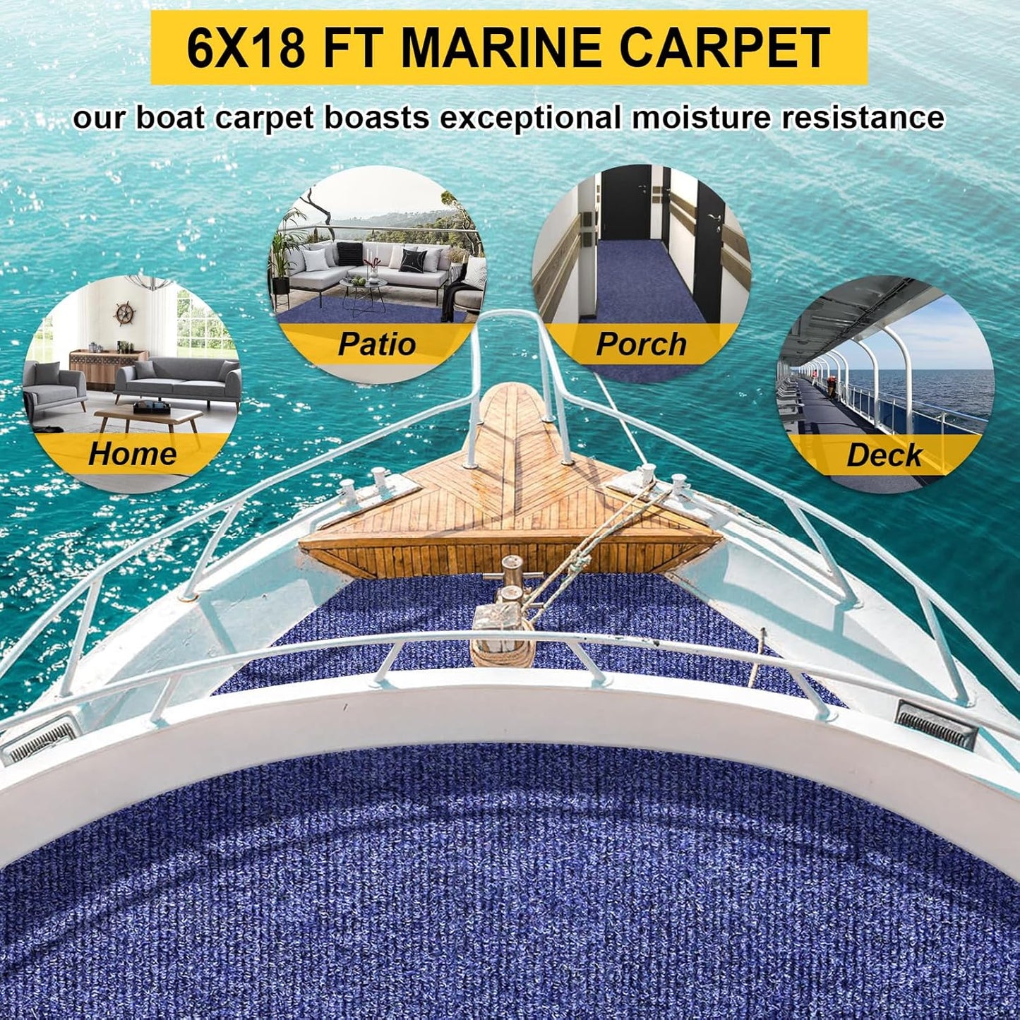 Marine Carpet,6 FT x 18 FT Deep Blue Indoor Outdoor Carpet 0.2" Thick Boat Carpet with Water-Proof TPE Backing, Non-Slide Outdoor Marine Carpet Roll for Home, Patio, Porch, Deck