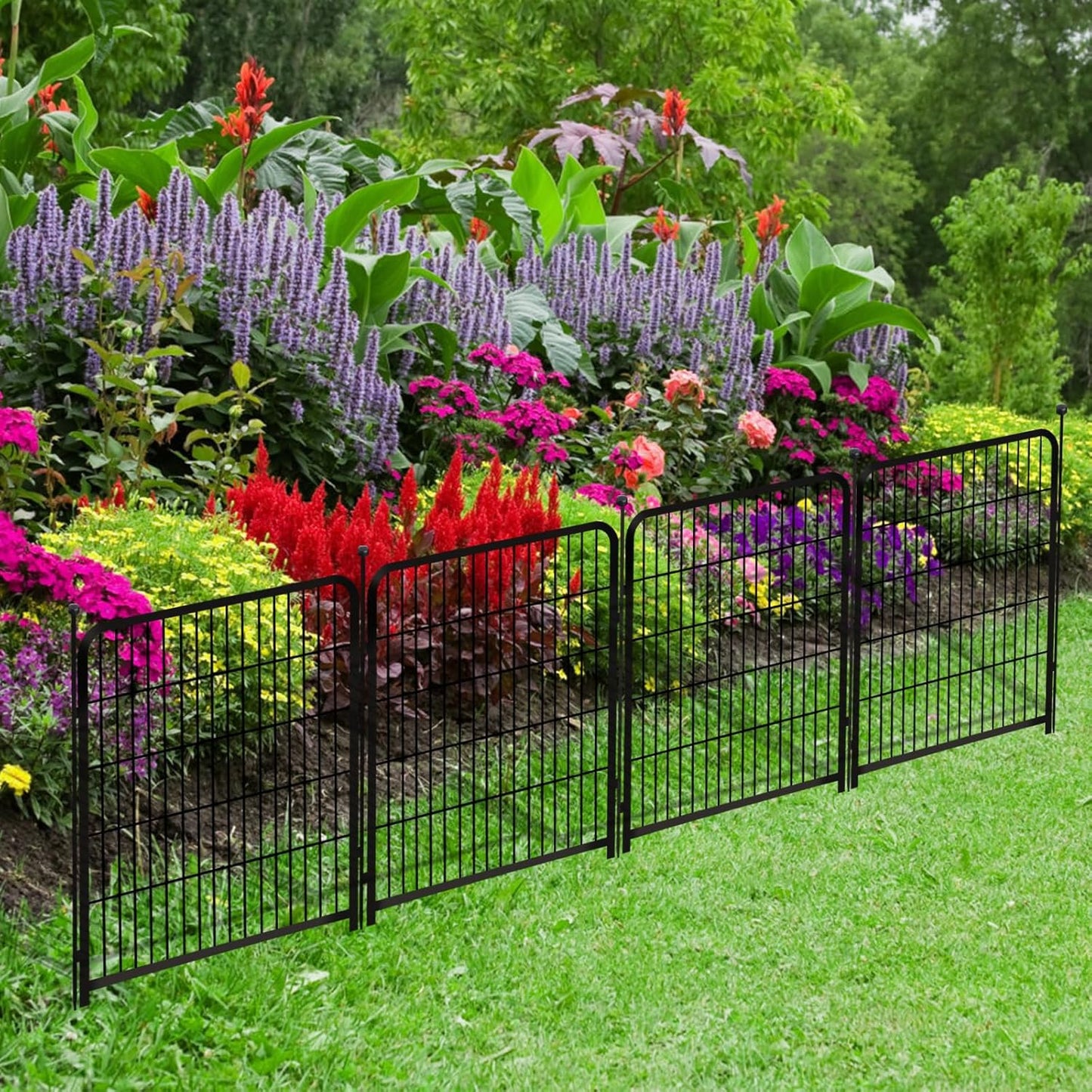 Garden Fence with Gate 48 in(H)×27 in(L) 4 Panels, Heavy Duty Iron Animal Barrier Fence, Rabbit Fence for Garden, Suitable for Indoor Pet Or Outdoor Dog Fencing, Total 8.9 Ft(L), Black