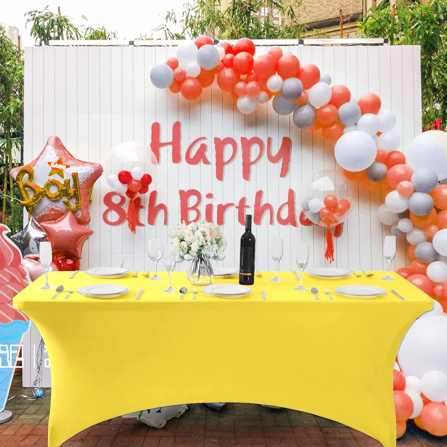 SuperO 2Pack Waterproof Spandex Table Cover for 8FT Table Universal Fitted Stretch Tablecloth for Party, Banquet, Wedding and Events-Yellow