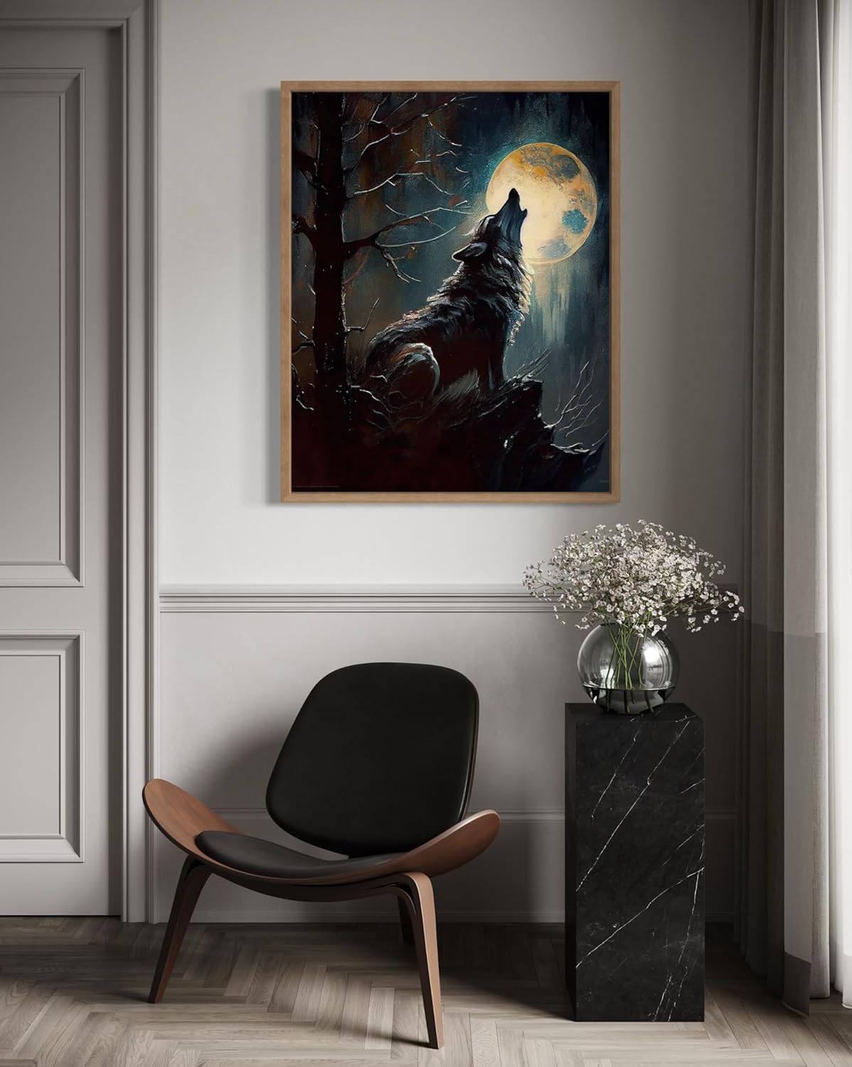 Wolf howling Poster Art Print, Halloween Scary Vintage Wall Art Academia Spooky Painting Decoration for Horror Prints, Gothic Posters Bedroom Decor 89 (Wolf howling, 16 x 20 inches, Wood Frame)