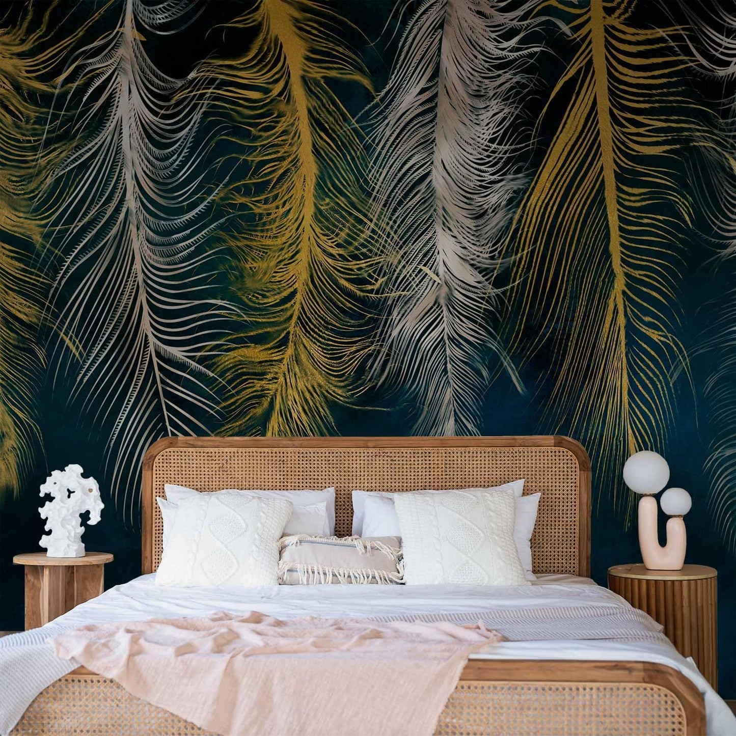 artgeist Wall Mural Feather 116x83 in - XXL Peel and Stick Self-Adhesive Wallpaper Removable Large Sticker Foil Wall Decor Print Picture Image Design Abstract Beige Navy Blue b-A-0812-a-a