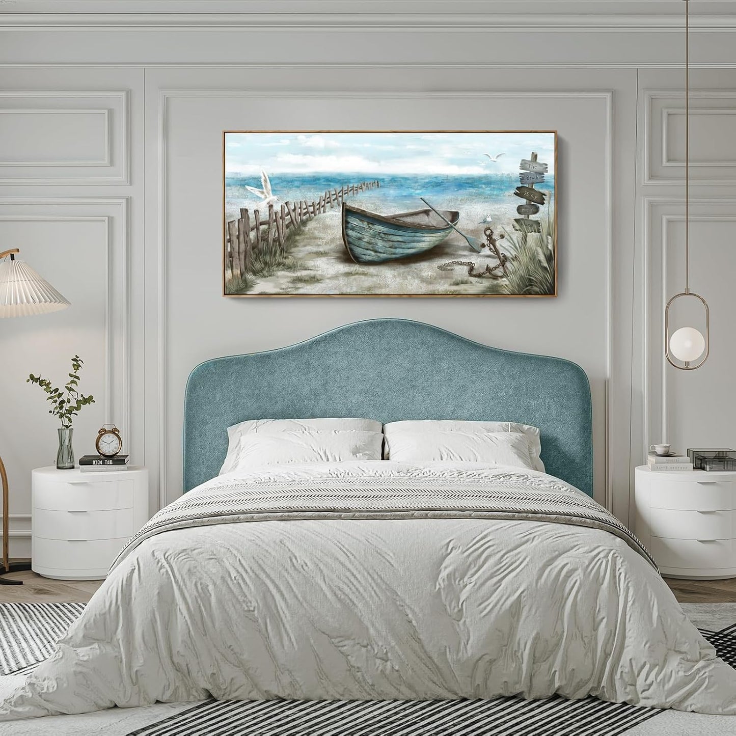 Extra Large Framed Wall Art for Living Room Coastal Décor Rustic Rowboat Canvas Print Big Beach Themed Painting Seagull Vintage Boat Sea Bird Artwork Oversized Blue Teal Seaside Ocean Picture for