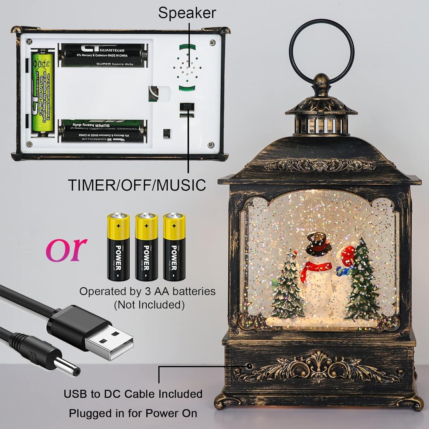 GenSwin Christmas Snowman Snow Globe Lantern Battery Operated Water Swirling Glitter with 6H Timer, Musical LED Lighted Scene for Christmas Home Decoration Gift