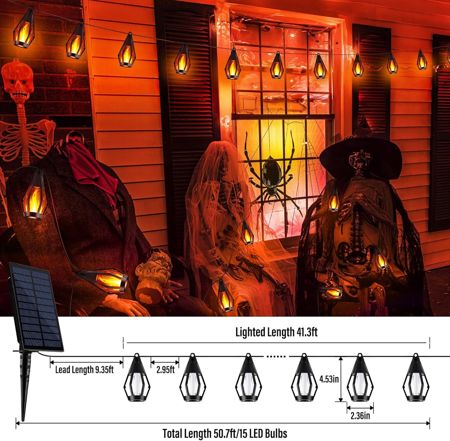 iBaycon Solar Halloween Lights, 42Ft 15 LED Bulbs Flickering Flame String Light, Outdoor Waterproof Solar Flame Lights for Garden Yard Patio Halloween Decorations (Warm White)