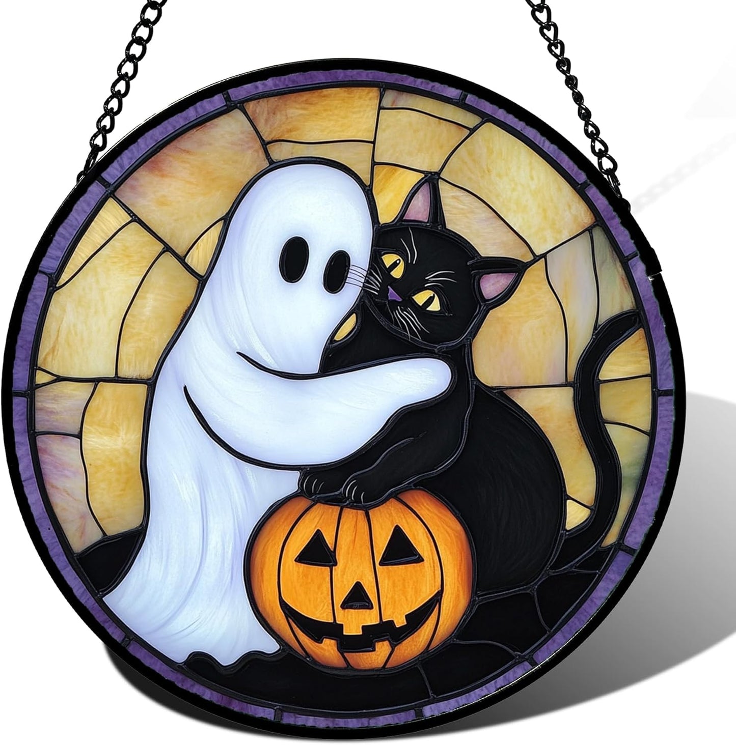 Stained Glass Window Hanging - Halloween Decorations Cute White Ghost Black Cat Suncatcher for Doors Garden Spooky Sun Catchers Gothic Decor Horror Gifts for Women Men Friend Boy 6.3 in