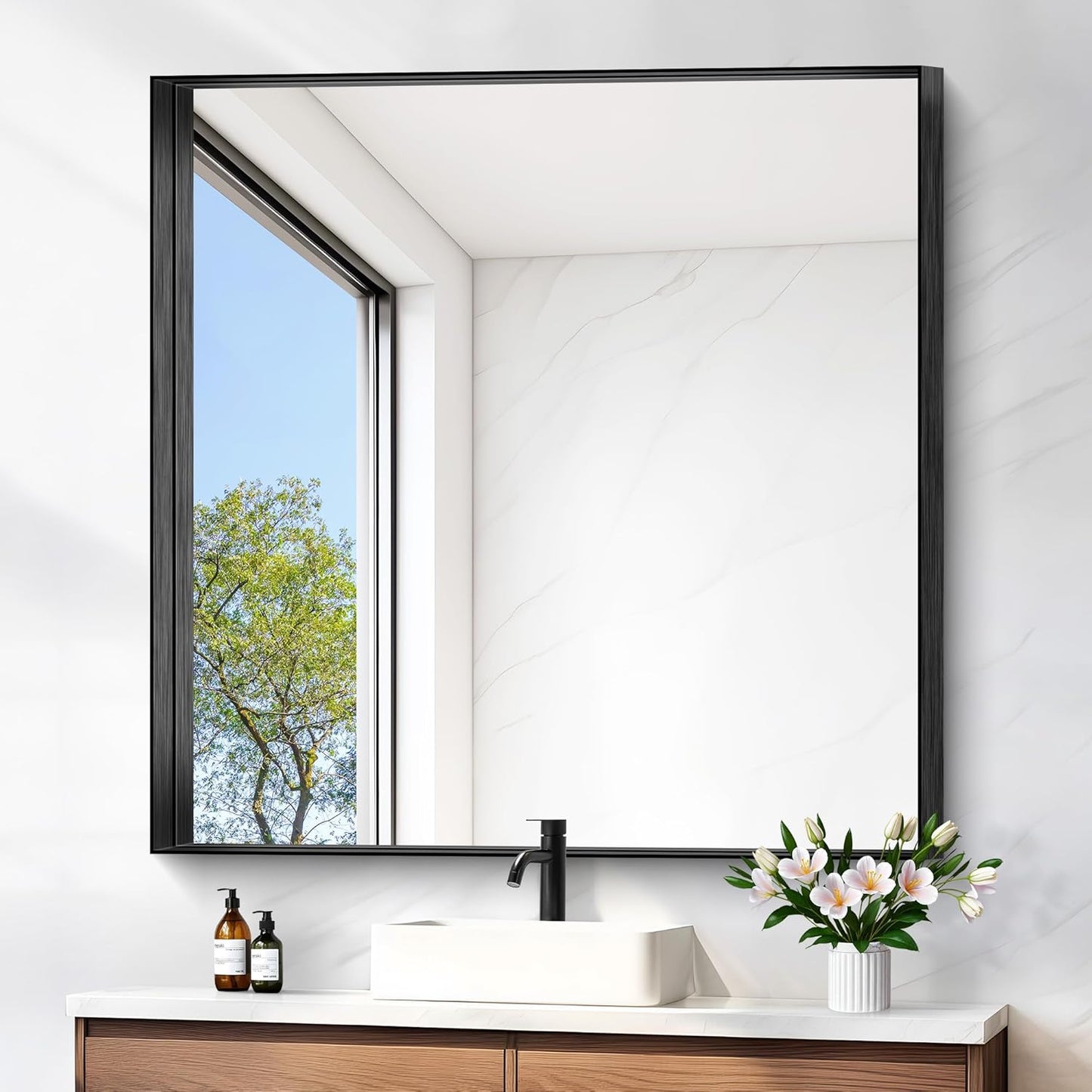 Black Bathroom Mirror, 42x42 Inch Rectangular Framed Mirror, Large Wall Mounted Bathroom Vanity Mirror Over Sink for Bedroom,Restroom, Living Room, Hangs Vertically or Horizontally