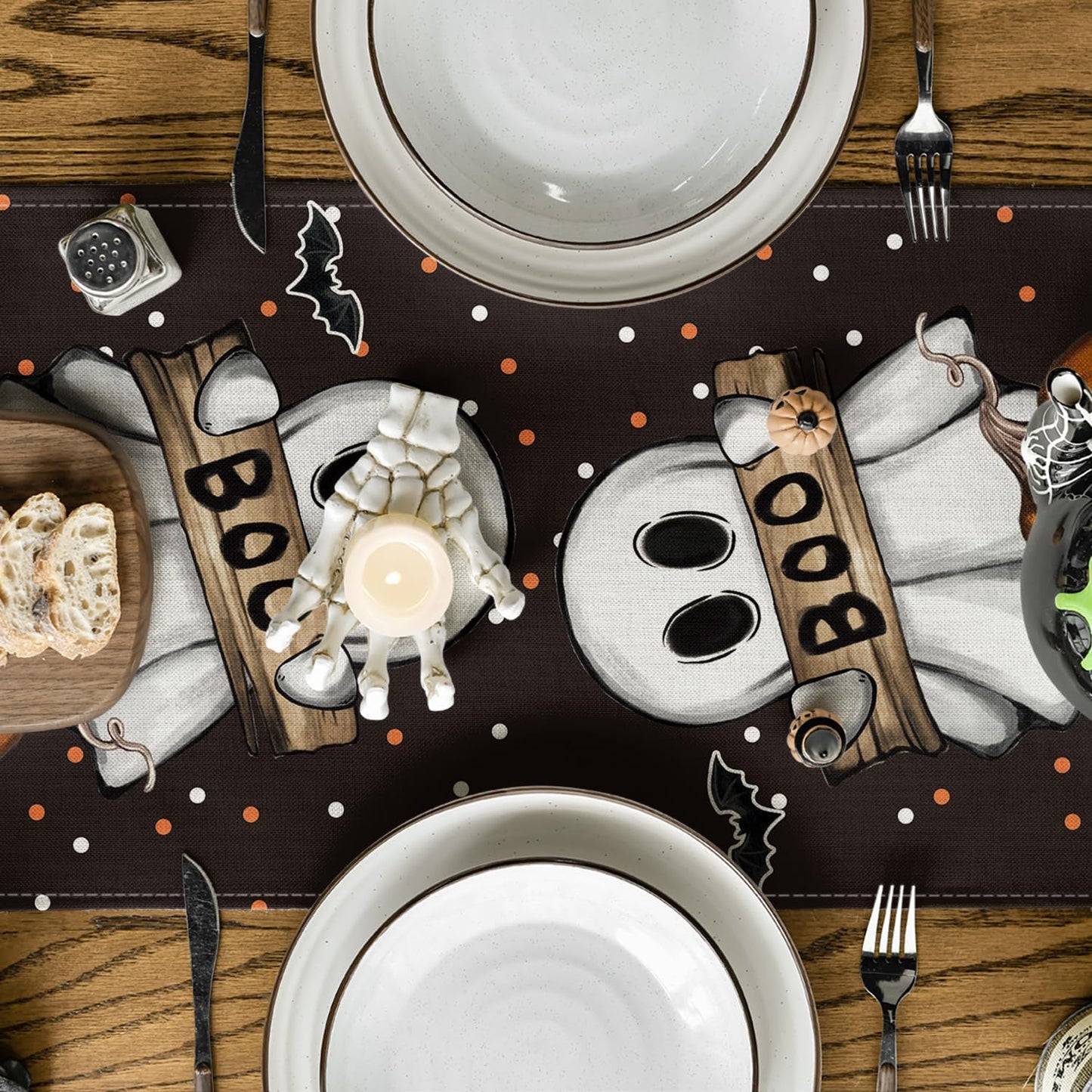 Artoid Mode Polka Dot Ghost Pumpkin Cat Boo 2PCS Halloween Table Runner, Bat Seasonal Fall Kitchen Dining Table Decoration Home Party Decor 13x72 Inch