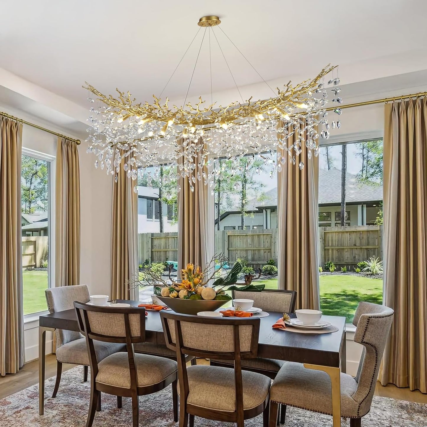 Modern Crystal Gold Chandelier, 55" Large Rectangular Oval Tree Branch Crystal Chandeliers for Dining Room,16-Light Flush Mount K9 Crystal Chandeliers, for Kitchen Island,Dining Room