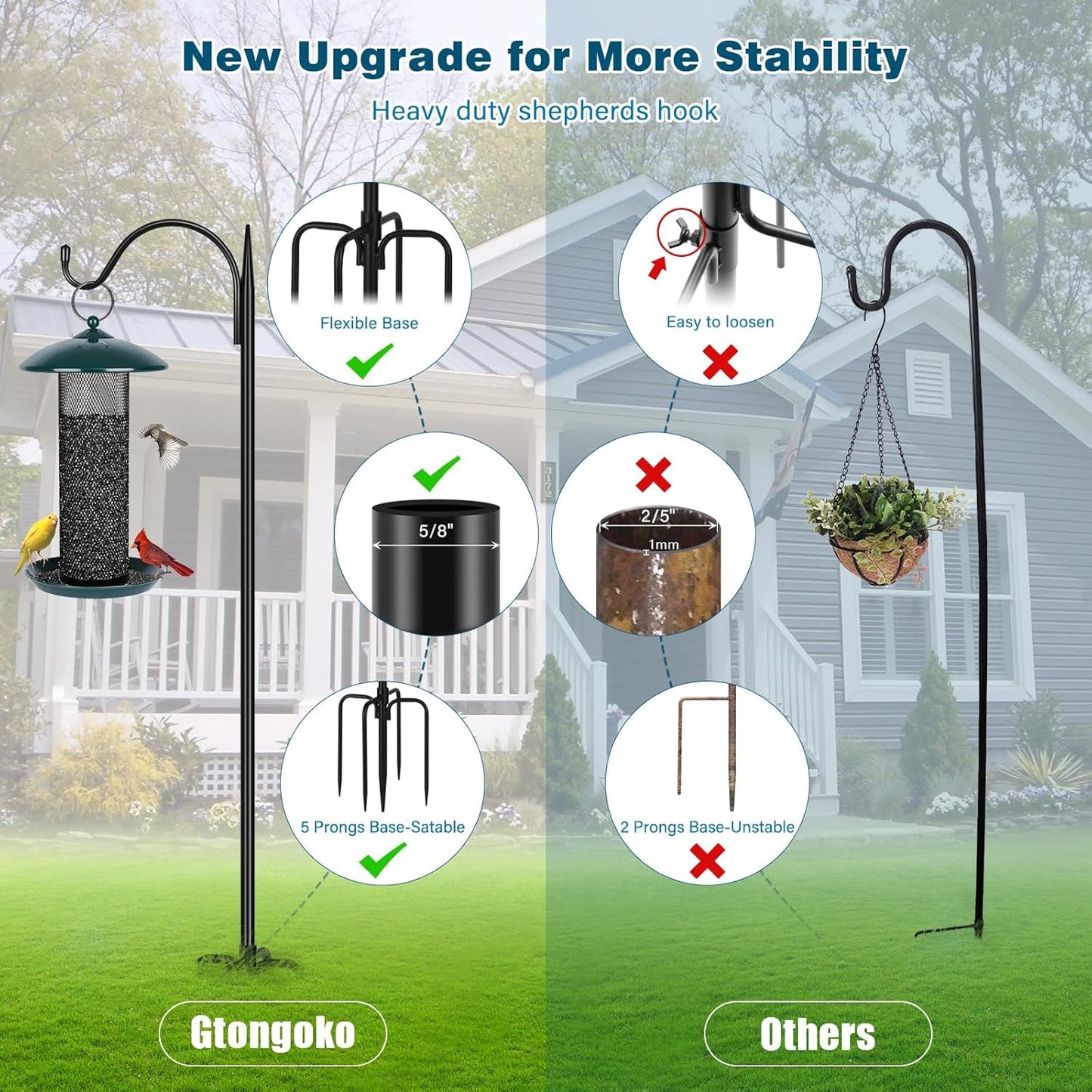 Gtongoko 47 inch Small Shepherds Hooks for Outdoor with 5 Prongs, Adjustable Bird Feeder Pole Garden Hooks for Hanging Lanterns, Plants Baskets, Hummingbird Feeders, 1 Pack