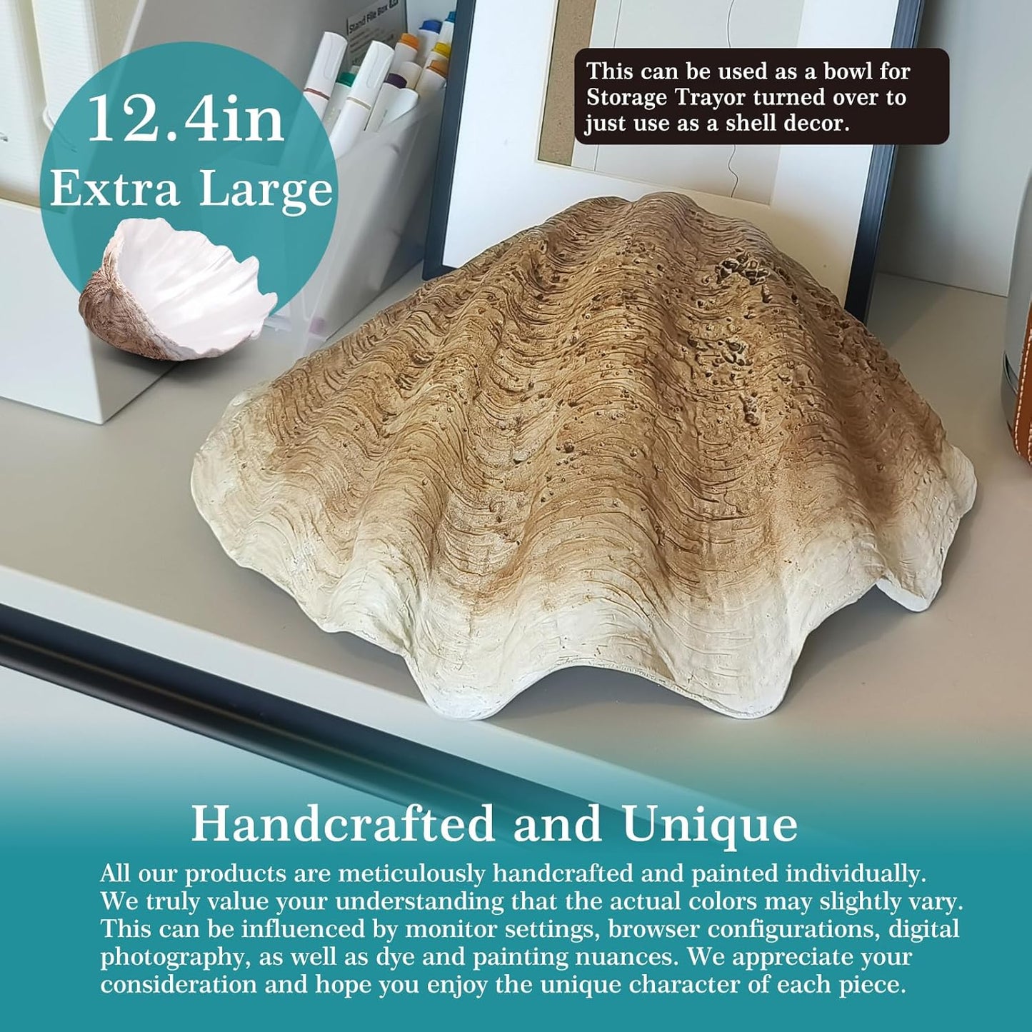 Extra Large Clam Shells Decorative Bowl Earth Tan Sea Shells Decorative Storage Bowls for Coastal Beach theme house table centerpiece decorations & Nautical decorations for coffee table -12.4"-1PC