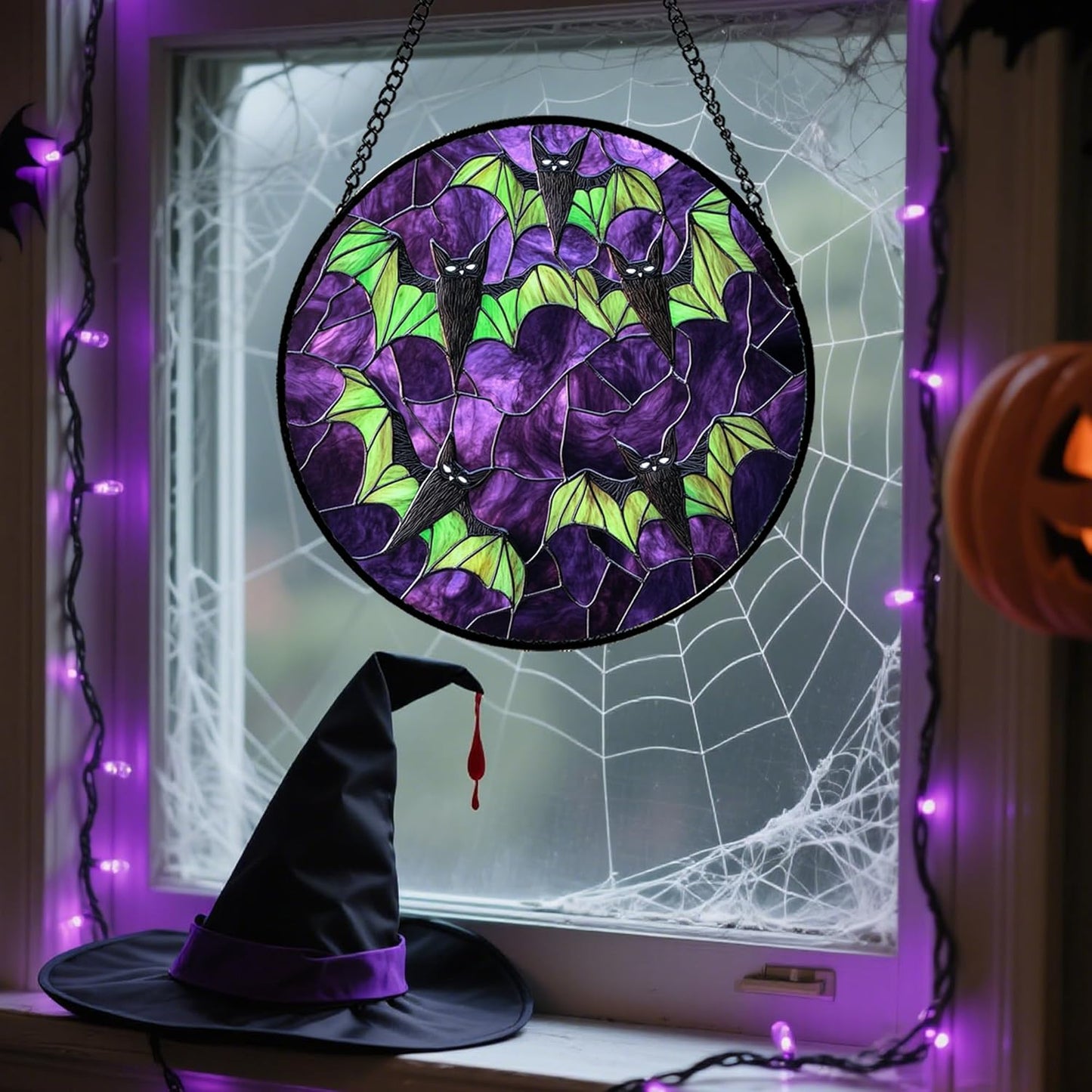 Stained Glass Window Hanging - Halloween Decorations Black Bat with Green Wings Suncatcher for Doors Garden Indoor Spooky Sun Catchers Gothic Decor Horror Gifts for Women Men Friend 7.8 in